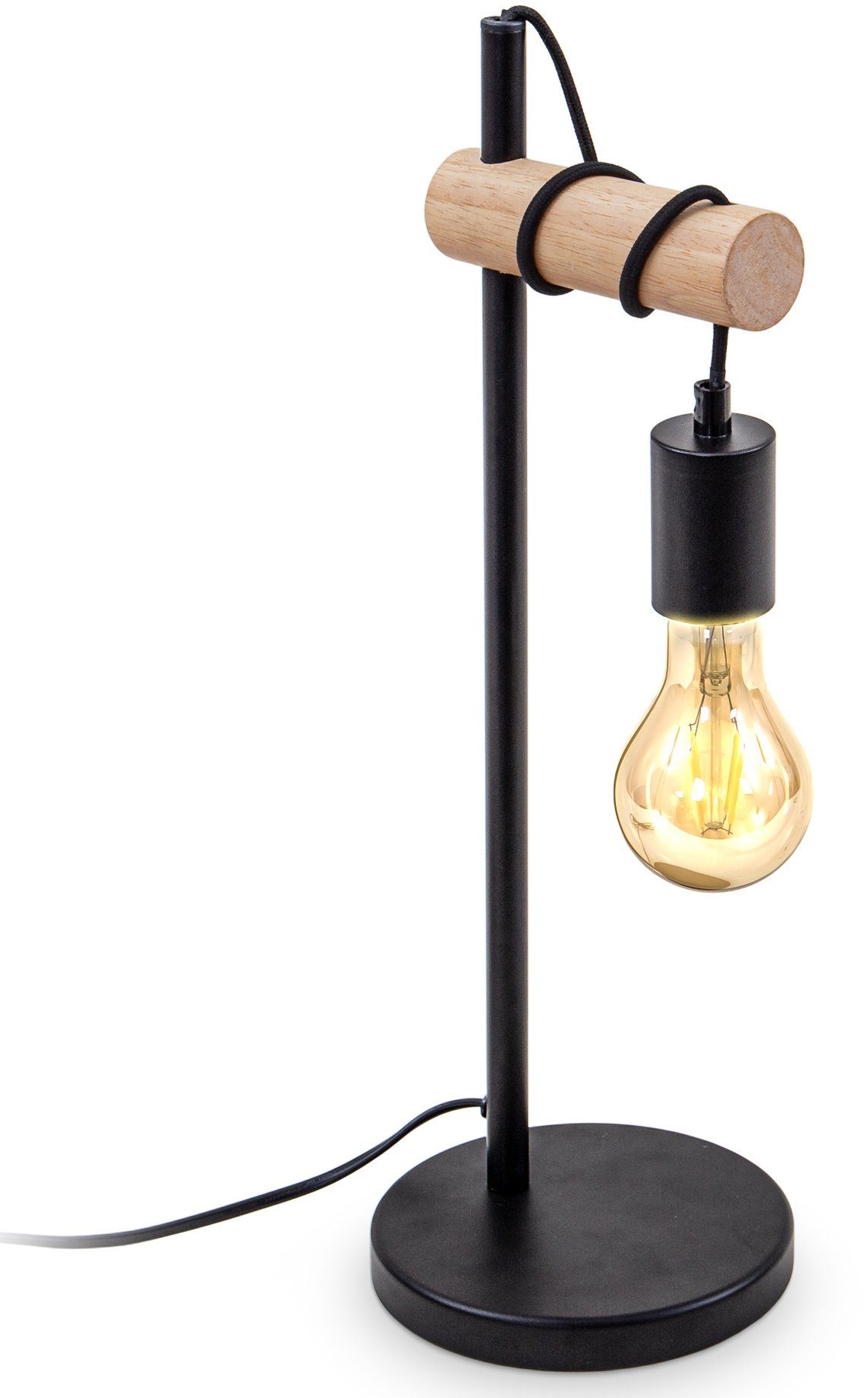 B.K.Licht Tischleuchte BK_TL1341 Retro Tischlampe, Stahl, Holz, Rund, E27, ohne  Leuchtmittel, 1 flammige Vintage Schreibtischlampe, ohne Leuchtmittel (max.  10W)
