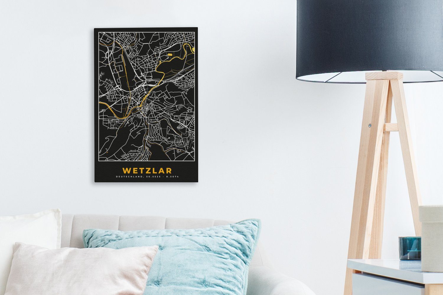 Gold Gemälde, Zackenaufhänger, Stadtplan (1 fertig cm - Schwarz 20x30 Deutschland Wetzlar Leinwandbild St), - OneMillionCanvasses® Leinwandbild bespannt - Gold Karte, inkl. - und -