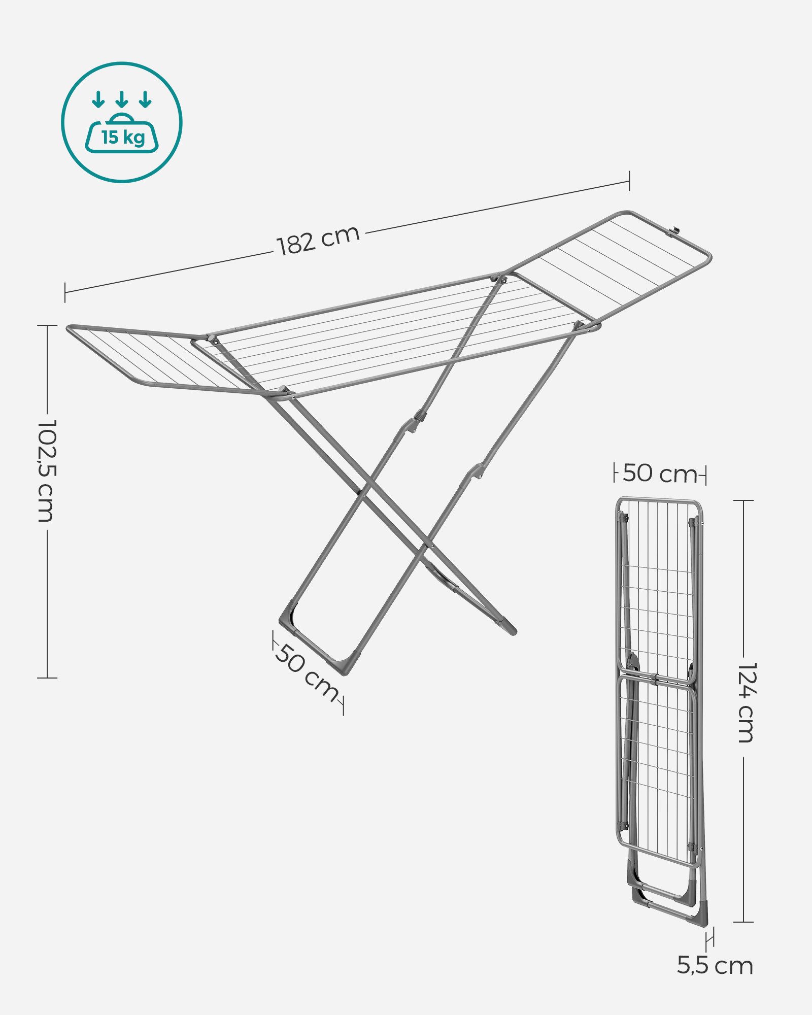 SONGMICS Wäscheständer Standtrockner klappbar, Flügelwäscheständer, freistehend, für Innen- und Außenbereich, für Bettwäsche und Kleidung