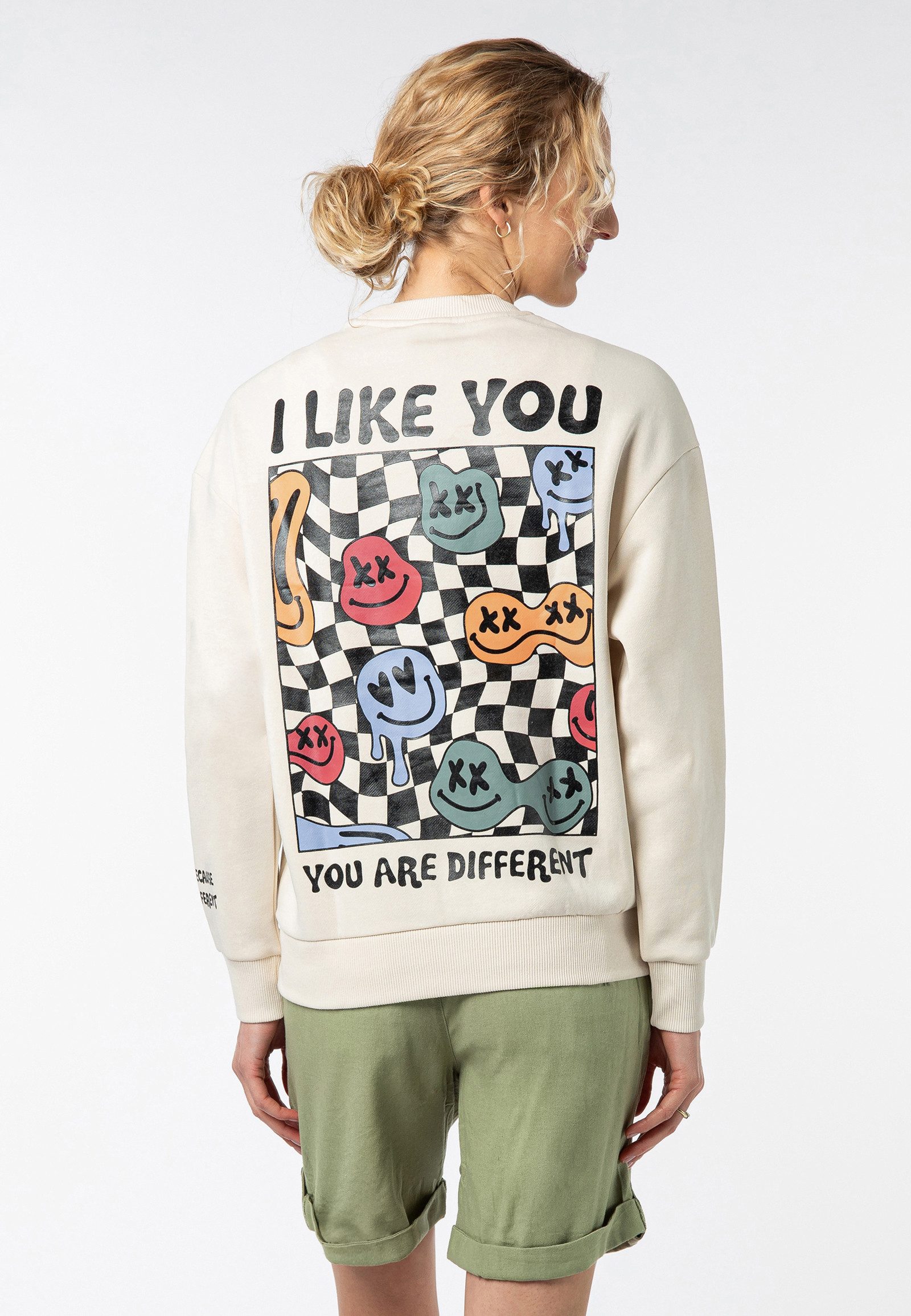 SUBLEVEL Sweatshirt Damen Pullover langarm mit Gute Laune Backprint Sweater günstig online kaufen