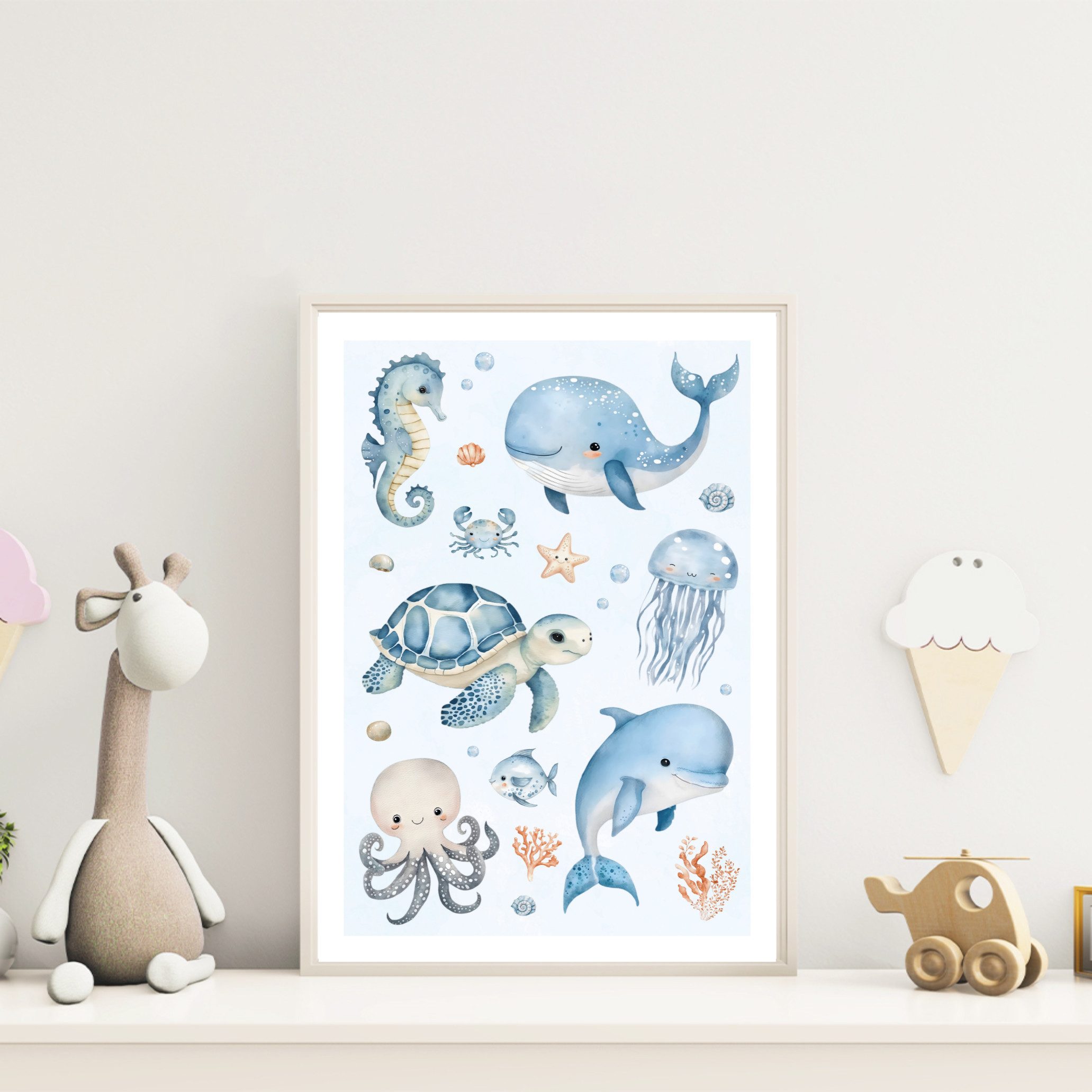 MeinBaby123® Poster Kinderzimmer Meerestiere,  Kinderzimmer Deko, Kinderzimmer Bilder, Unterwasserwelt, süßer Wal, Schildkröte, Qualle