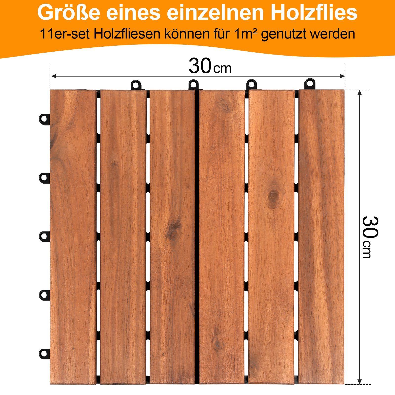 Gimisgu Holzfliesen 11 Klicksystem verlegbar Stück Fliese Akazienholz Lattes aus 6 Leicht Balkonfliesen Holzfliesen mit Drainage, Terrassenfliesen, Bodenbelag