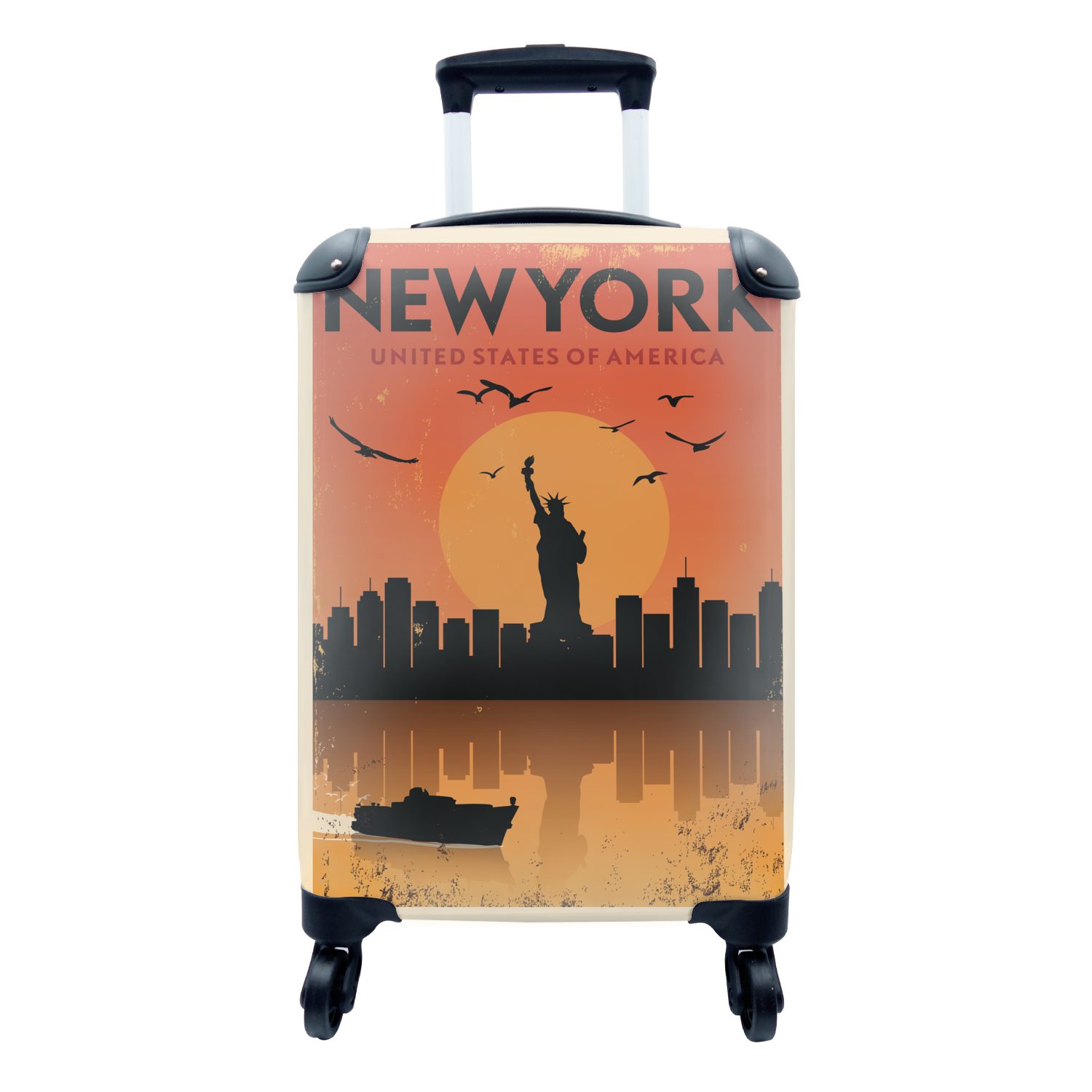 MuchoWow Handgepäckkoffer New York - Jahrgang - Vogel - Boot, 4 Rollen, Reisetasche mit rollen, Handgepäck für Ferien, Trolley, Reisekoffer