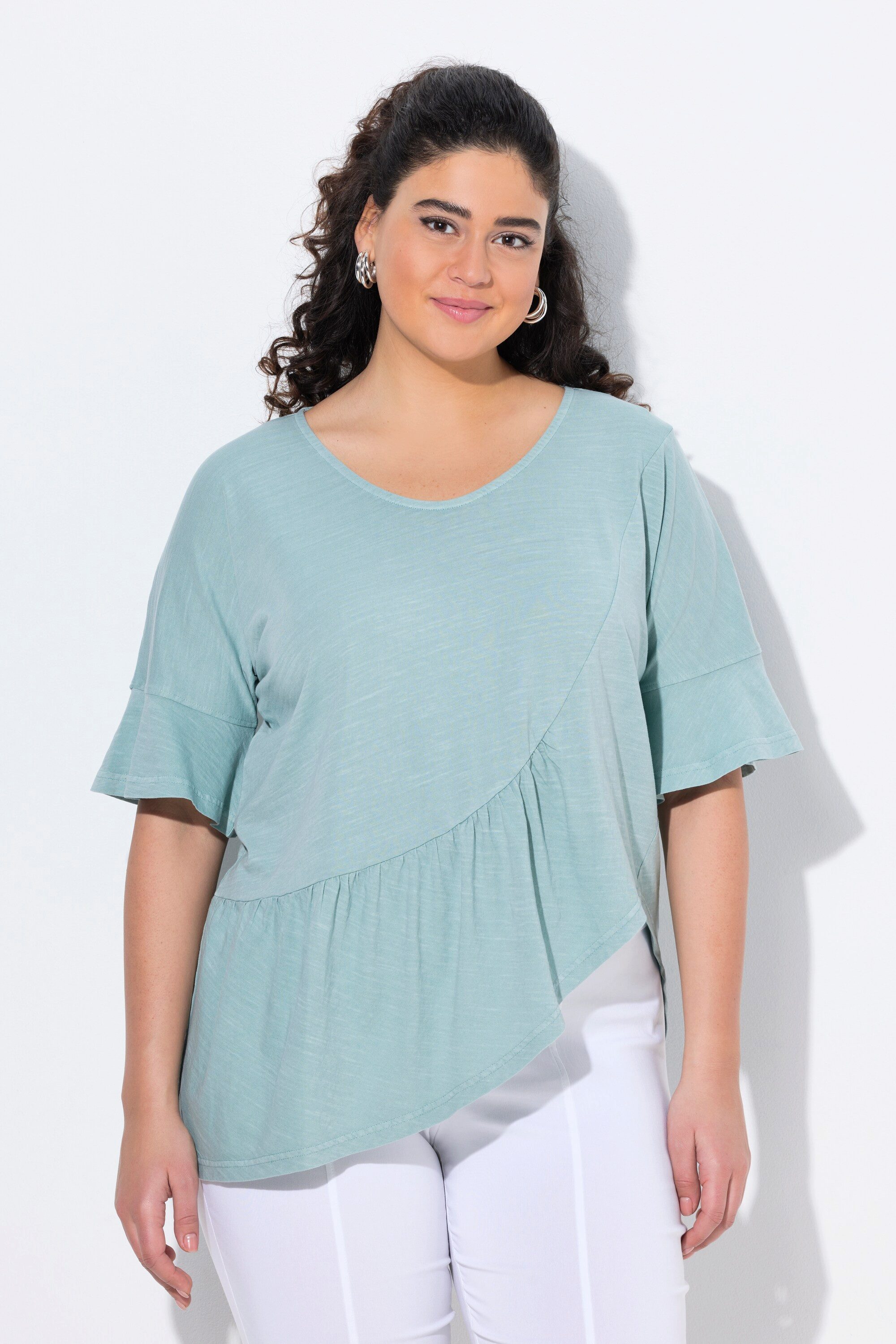 Ulla Popken T-Shirt T-Shirt Volantsaum Oversized V-Ausschnitt Halbarm günstig online kaufen