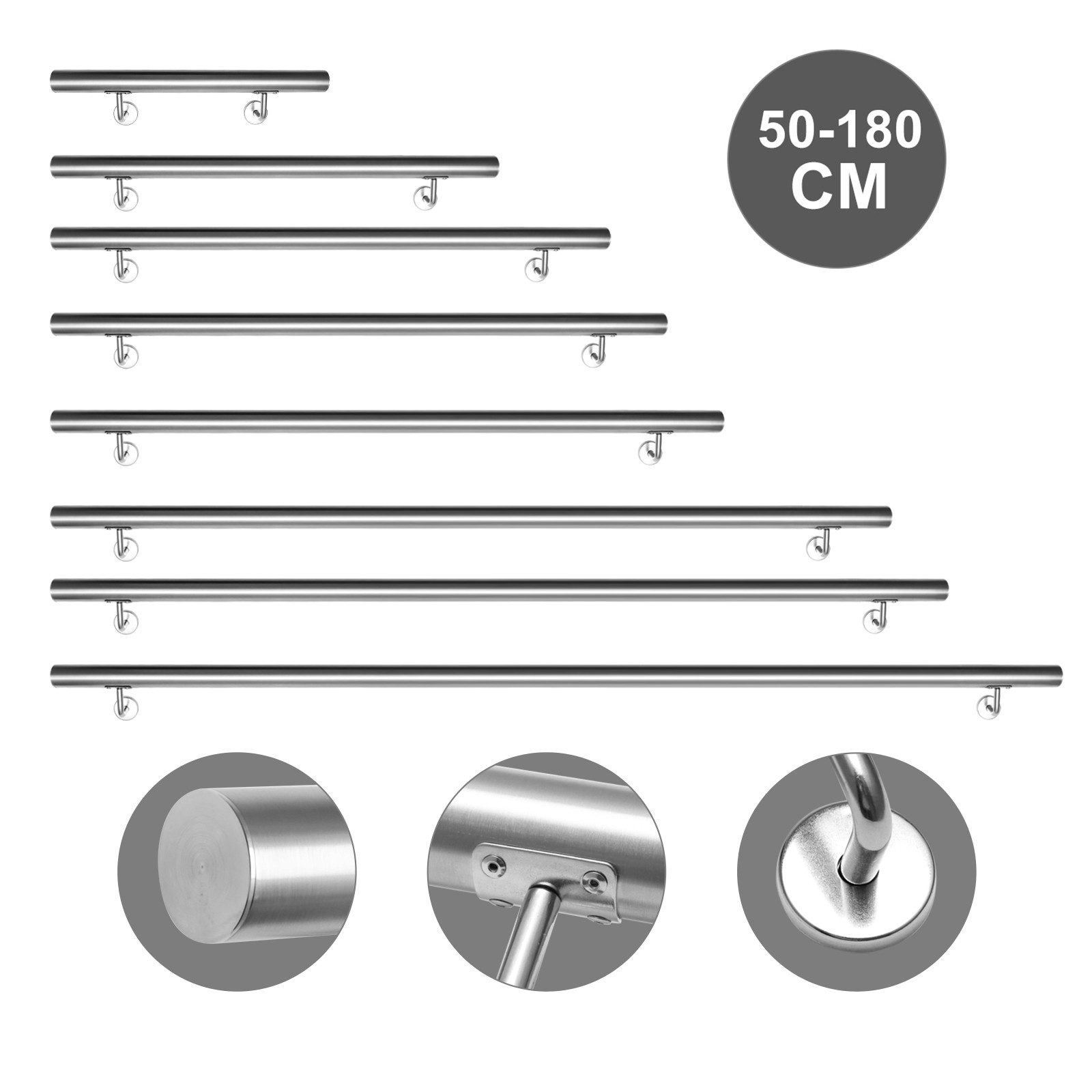 Clanmacy Handlauf Edelstahl Außentreppe Geländer Treppengeländer 50 -200 cm Wandhandlauf, 50 cm Gesamtlänge, Edelstahl matt