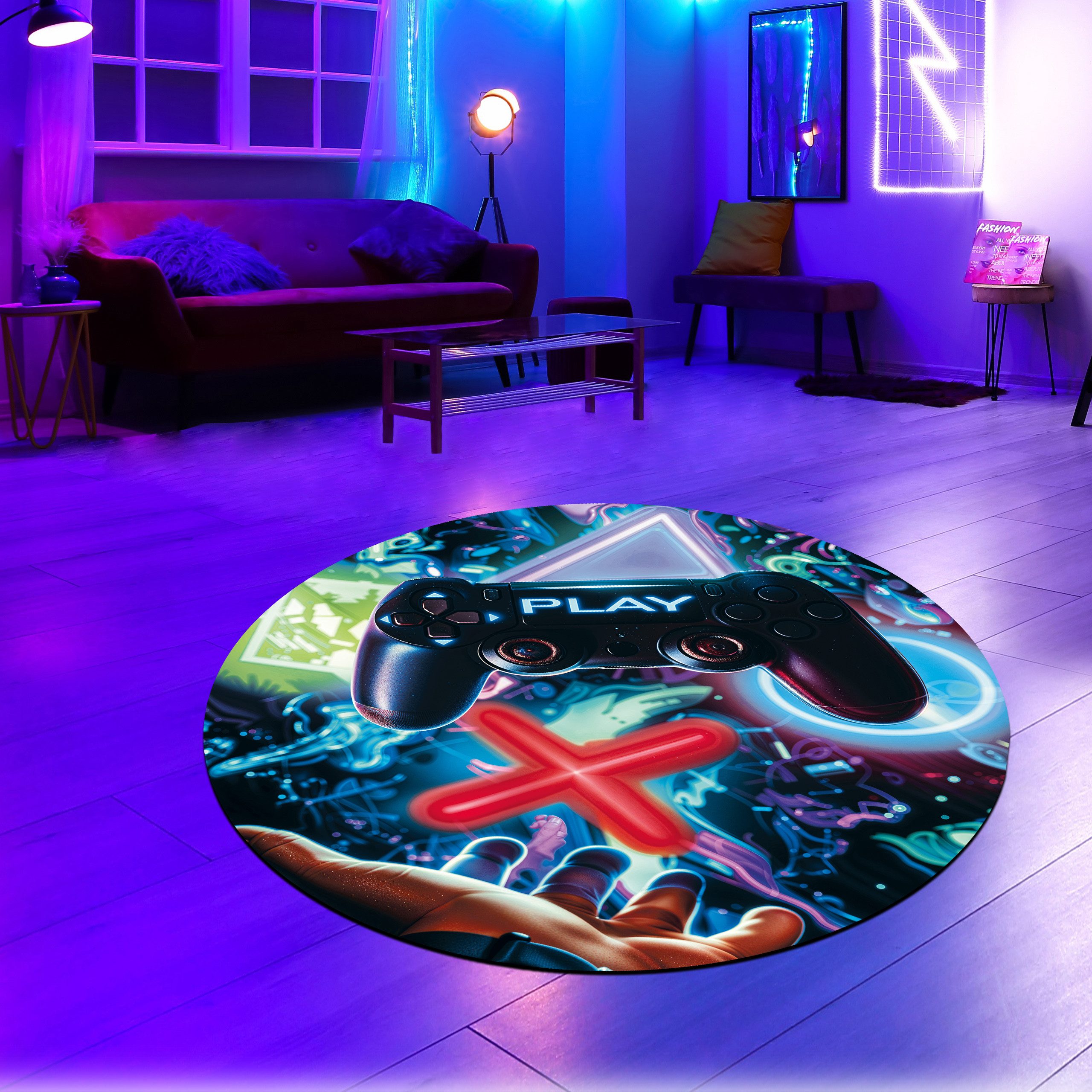 Carpetia Kinderteppich Auffälliger Gaming-Teppich mit neon-farbigen Symbole günstig online kaufen