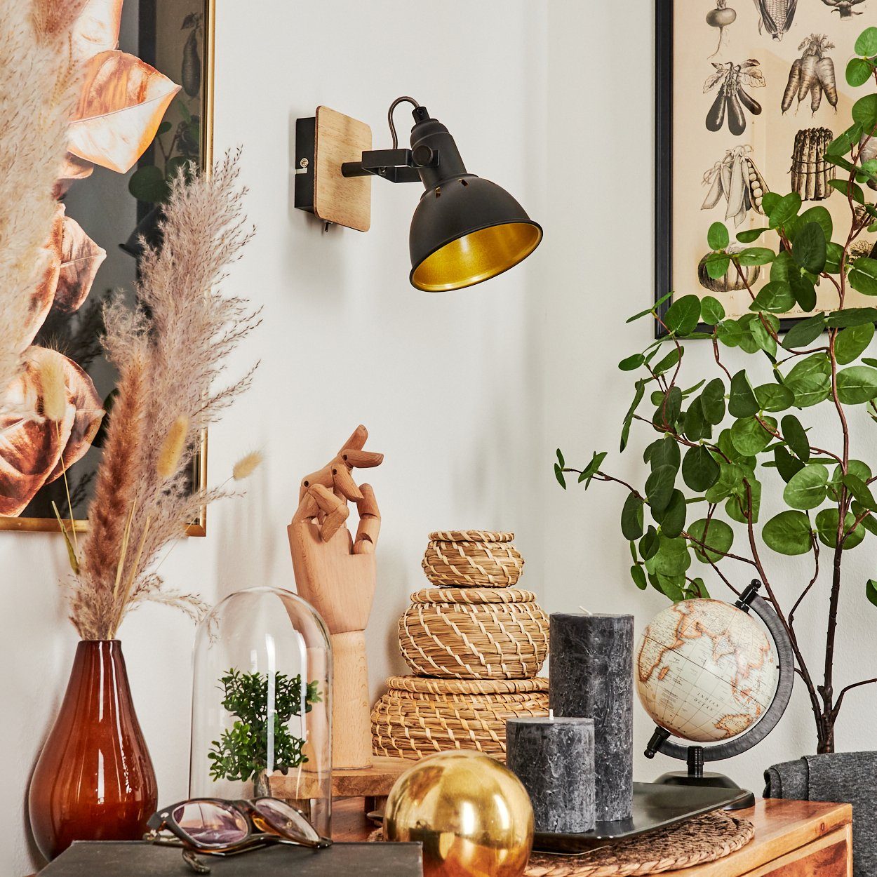 hofstein Wandleuchte »Arazane« Wandlampe aus Metall/Holz in Schwarz/Chrom/Gold/Hellbraun, ohne Leuchtmittel, verstellbar, Lichteffekt u. An-/Ausschalter, E14