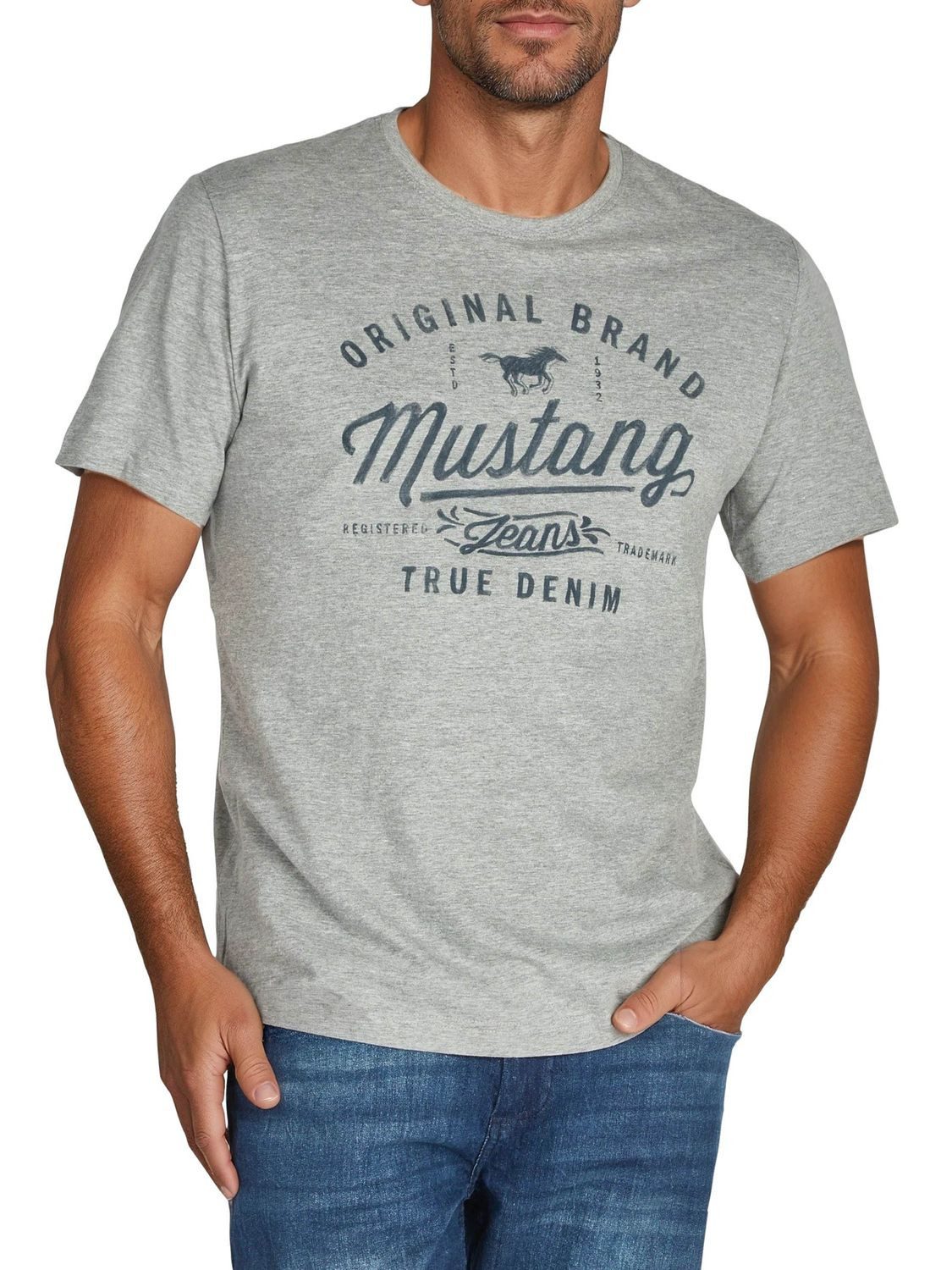 MUSTANG T-Shirt Herren Printshirt Regular Fit (1-tlg) Kurzarm Tee Shirt mit Rundhalsausschnitt aus 100% Baumwolle