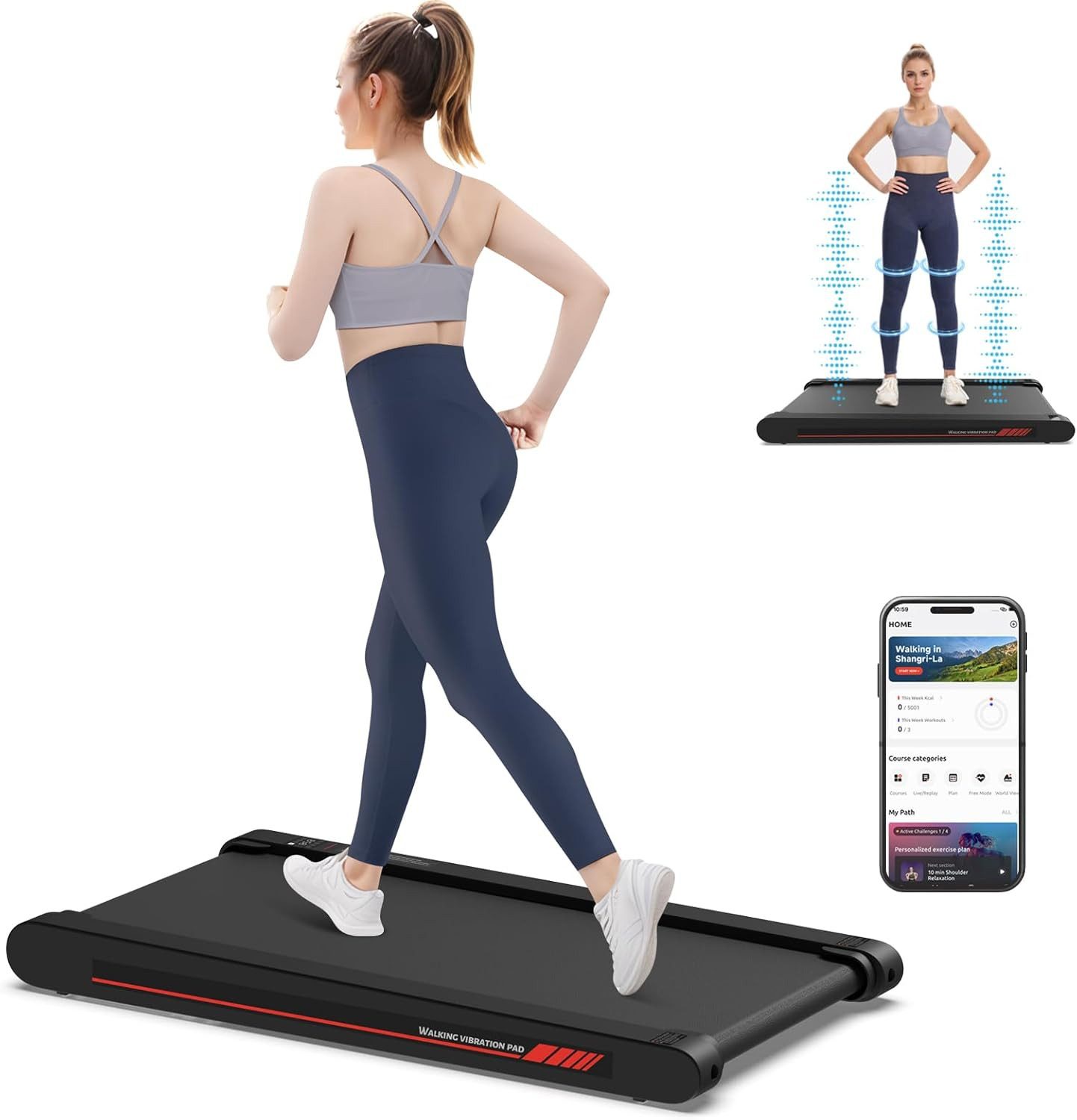 Vivitar Laufband 3-in-1 Multifunktionales Walking & Vibrations Laufband für Zuhause (LEISTUNGSSTARKER UND LEISER MOTOR, PLATZSPARENDES DESIGN, LED-Display, App-Steuerung, leiser Hochleistungsmotor 0,3–6 km/h), Geh- & Schreibtisch-Laufband mit Vibrationsma