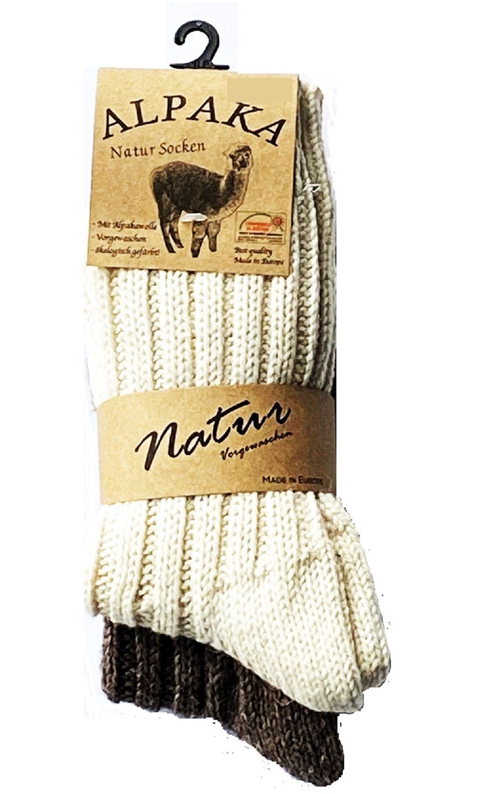 Antonio Socken 2 Paar Alpaka Socken Damen Herren Wollsocken Schafswolle gestrickt Beige / Dunkelbraun