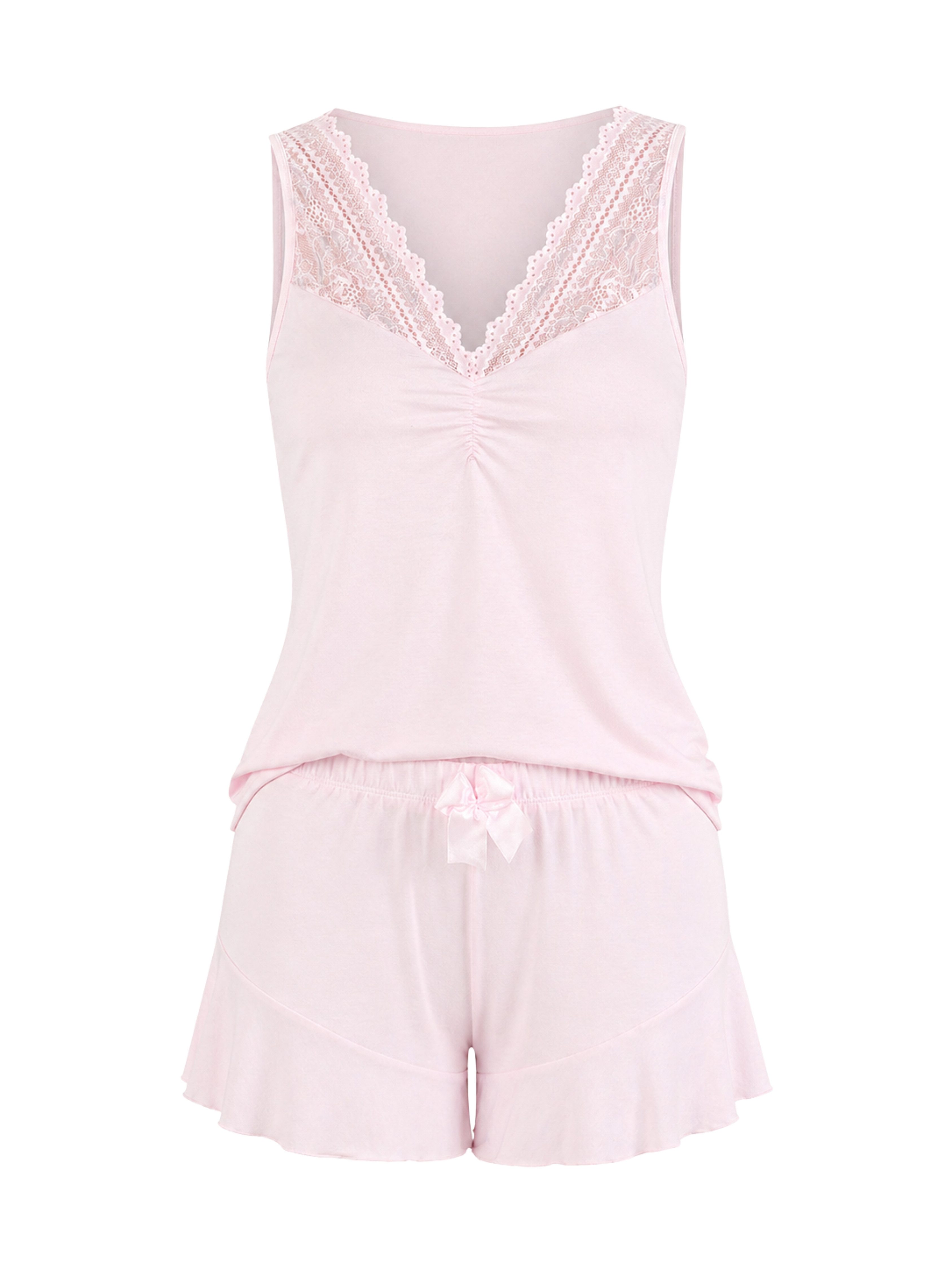 Donna Shorty Luxuriöser Sommer-Pyjama aus kühlender Viskose (2 tlg) Top mit Spitzen-V-Detail & Shorts mit Schleife, Made in EU