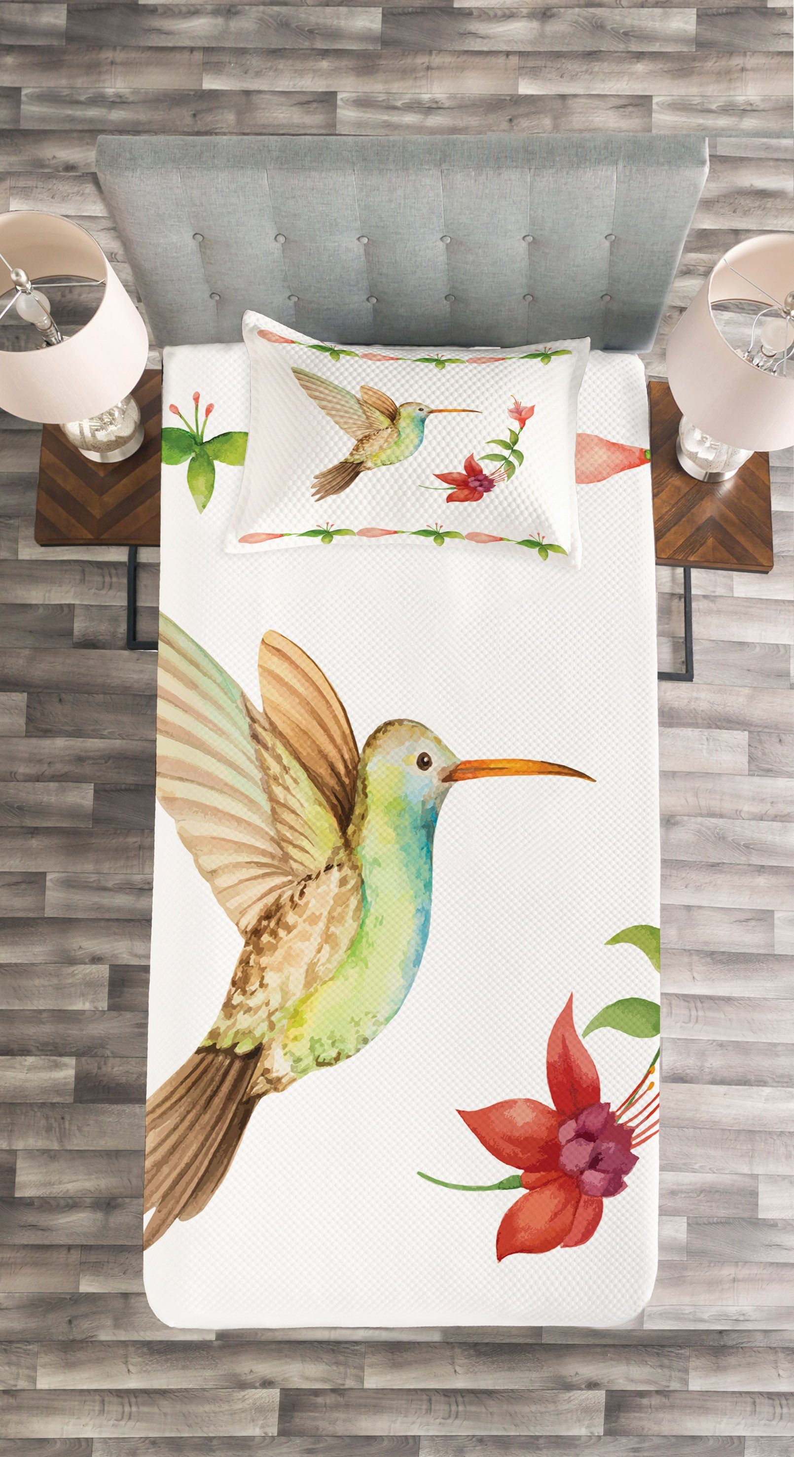 Set Kissenbezügen Artwork Waschbar, Abakuhaus, Hummingbird mit Tagesdecke Natur