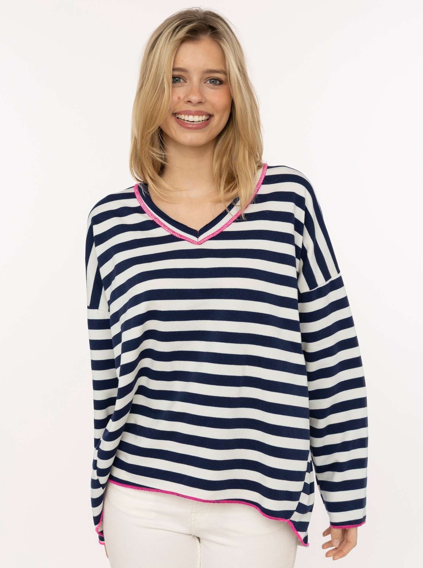 Zwillingsherz Sweatshirt "Neon Streifen" offene Kanten für Used-Look, One-Size, Kontrastnaht, V-Neck