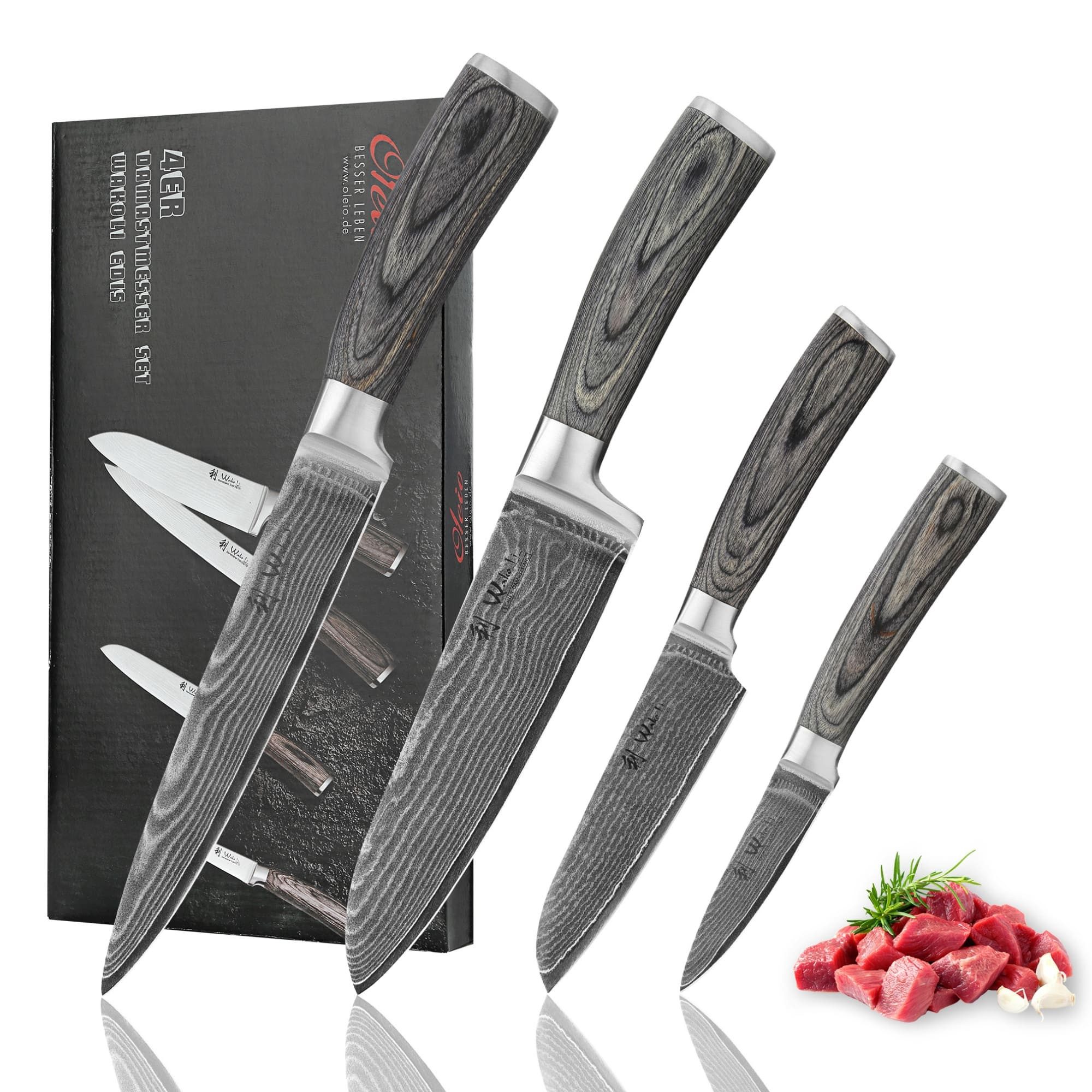 Wakoli Messer-Set EDIS 4er Damastmesser-Set I 8-18 cm Klinge I Pakkaholzgriffe