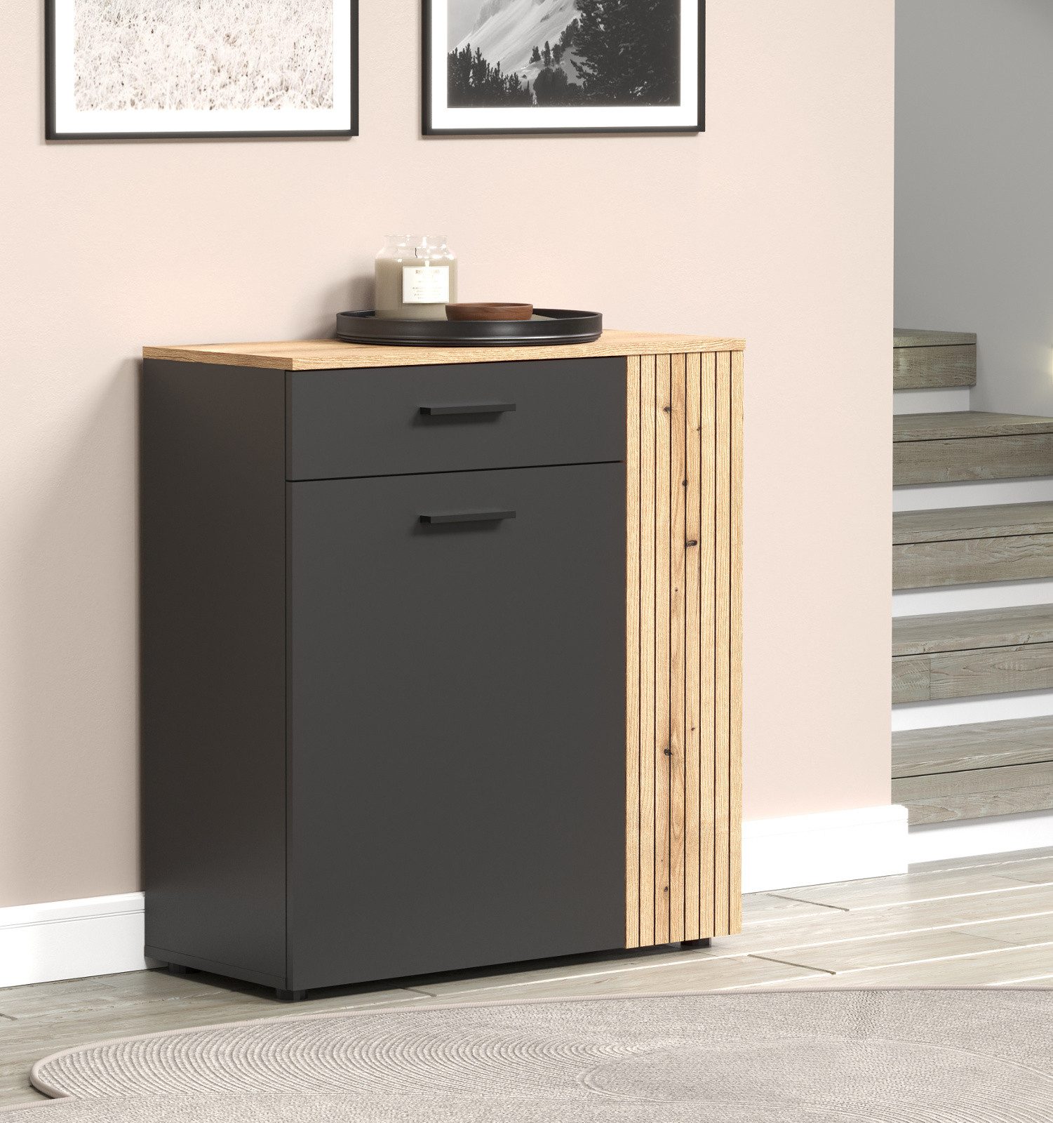 Furn.Design Schuhkommode Avila (Kommode in Anthrazit und Evoke Eiche, 80 x 88 cm), mit Vollauszug, Staboptik