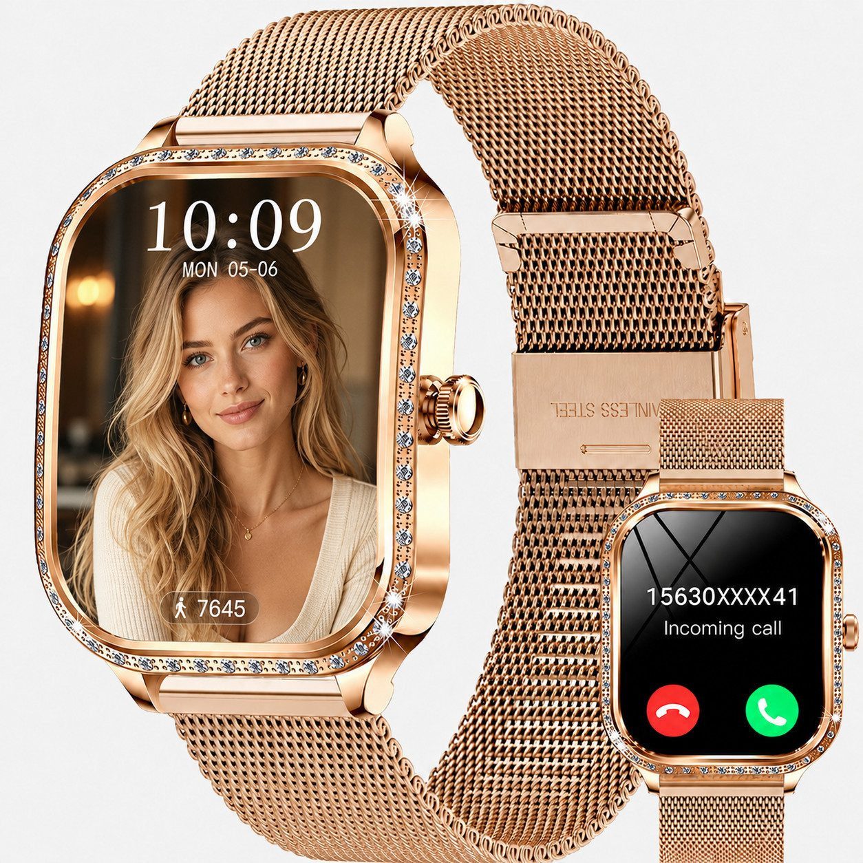 Fyrove Smartwatch, Fitnessuhr Damen mit Anruffunktion, Aktivitätstracker Smartwatch (4,45 cm), IP68 Wasserdicht,Uhren Watch für Android IOS, 220-mAh-Akku, Wetteranzeige, Kamerasteuerung, 240×296 Pixel
