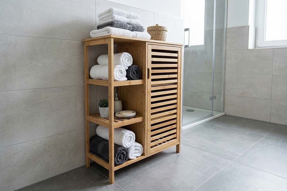 riess-ambiente Badregal ZEN-BO 90cm natur - Bambus, Lamellentür, Massivholz, FSC-zertifiziert, Einzelartikel 1-tlg., Natürlicher Minischrank - ideal für Wohnzimmer, Flur oder Schlafzimmer