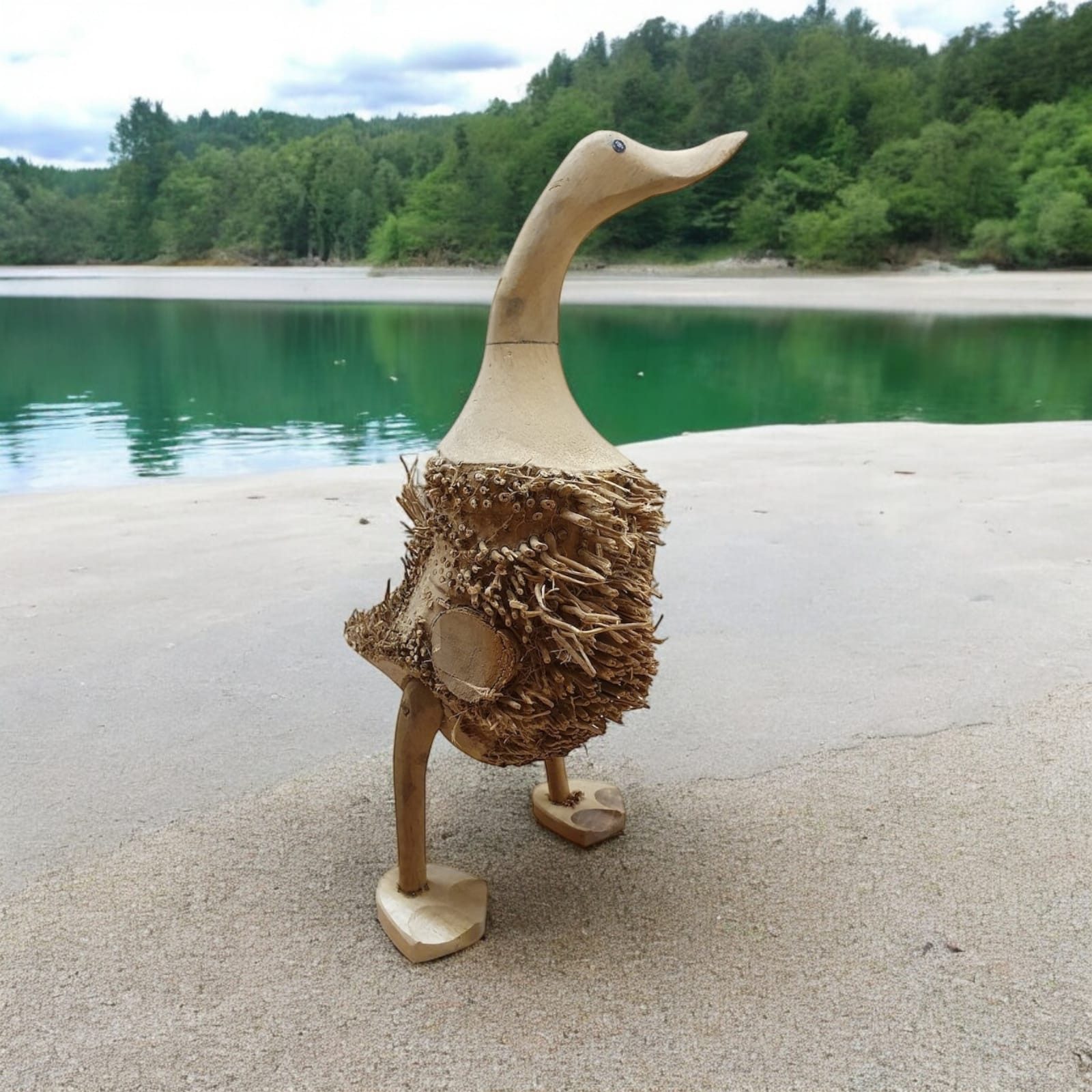 Dekofigur Deko Holz Ente mit Wurzel