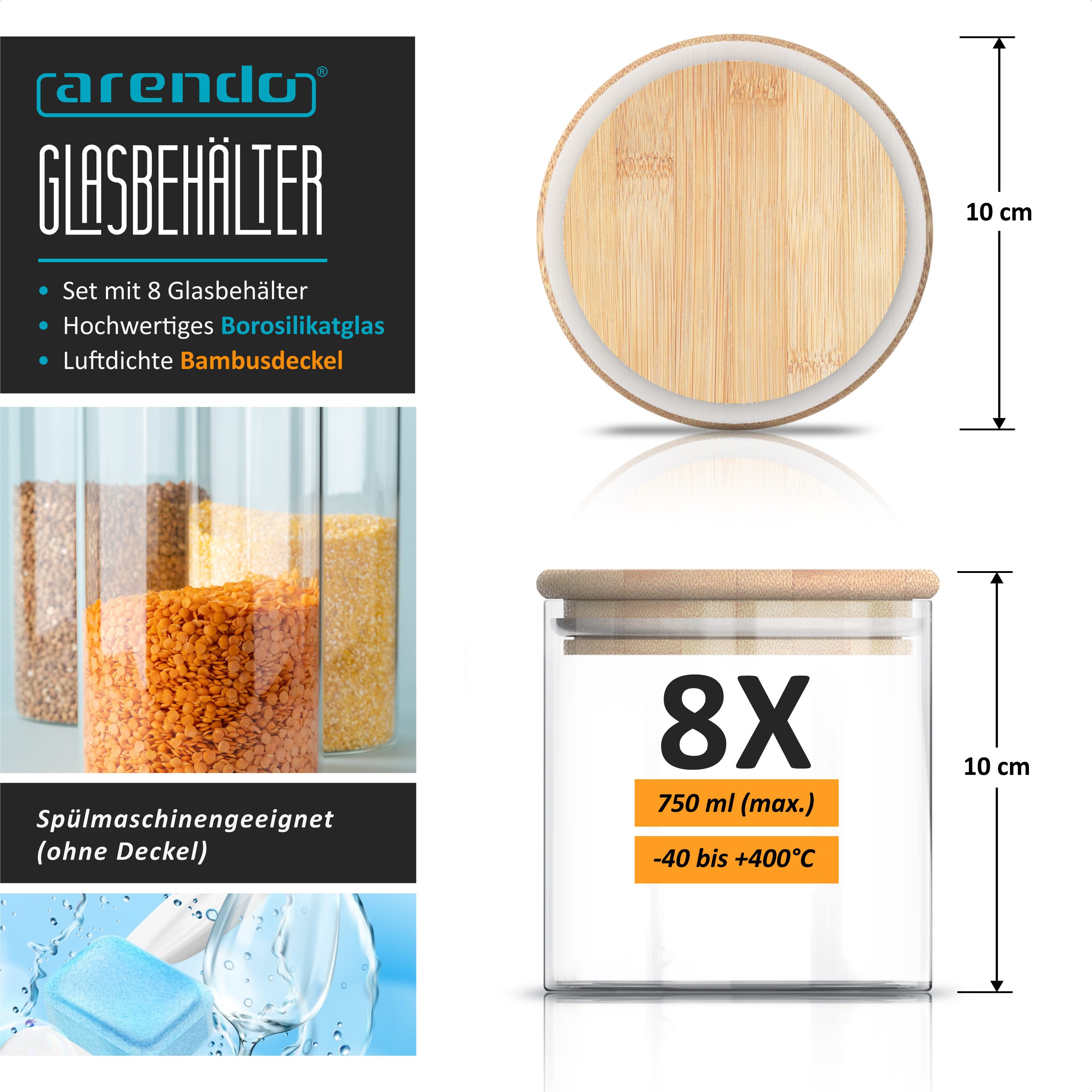 Arendo Aufbewahrungsbecher Glasbehälter-Set 8x 0,75 L Borosilikatglas mit Bambusdeckel, luftdicht, Borosilikatglas, Bambus, Silikon, (Vorratsbehälter-Set, 8-tlg – Bild 2 von 5