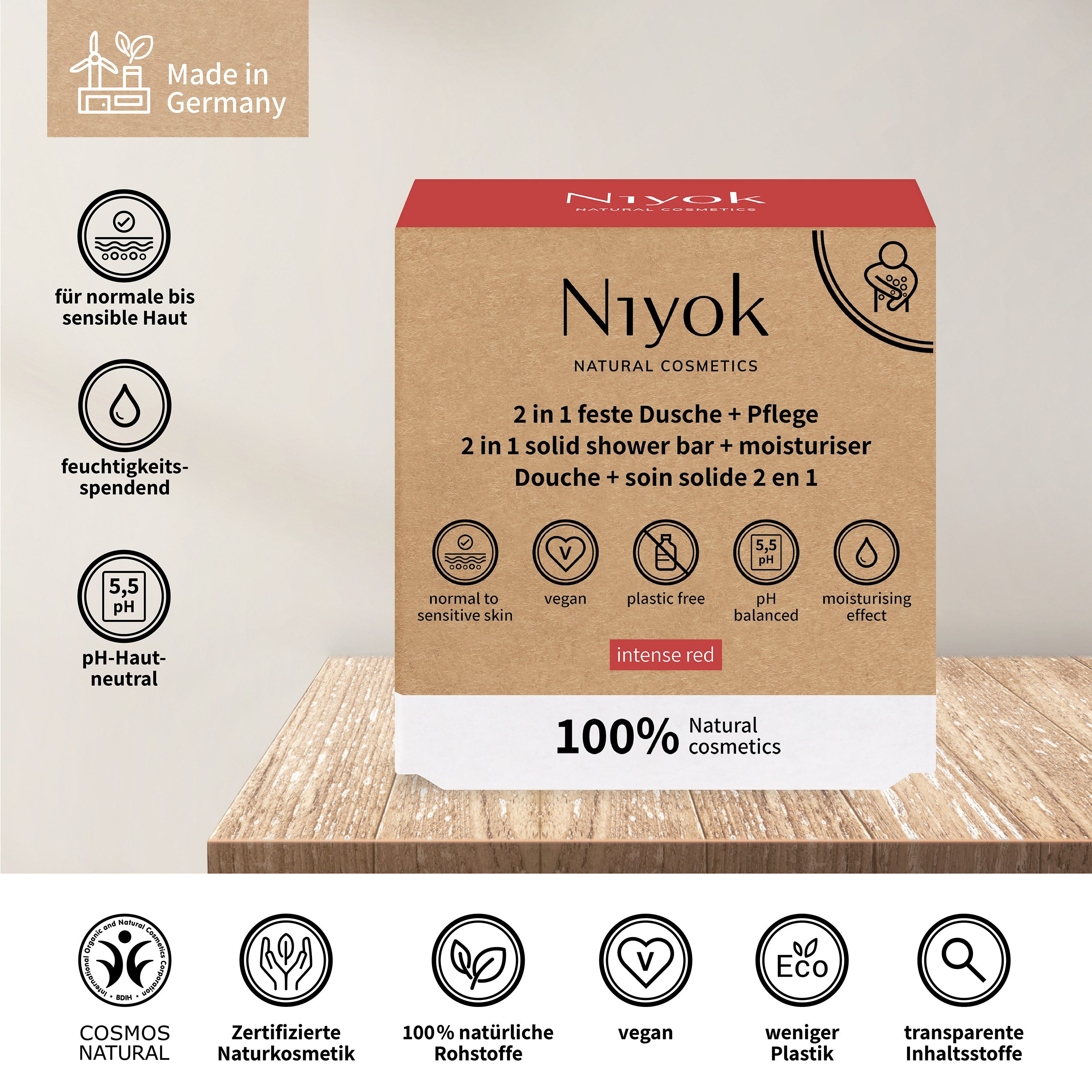 Niyok Feste Duschseife + Pflege 2-in-1 Naturkosmetik, Vegane Seife für Körper & Hände, Seife für Körper & Hände, Plastikfrei & Vegan, PH-Neutral