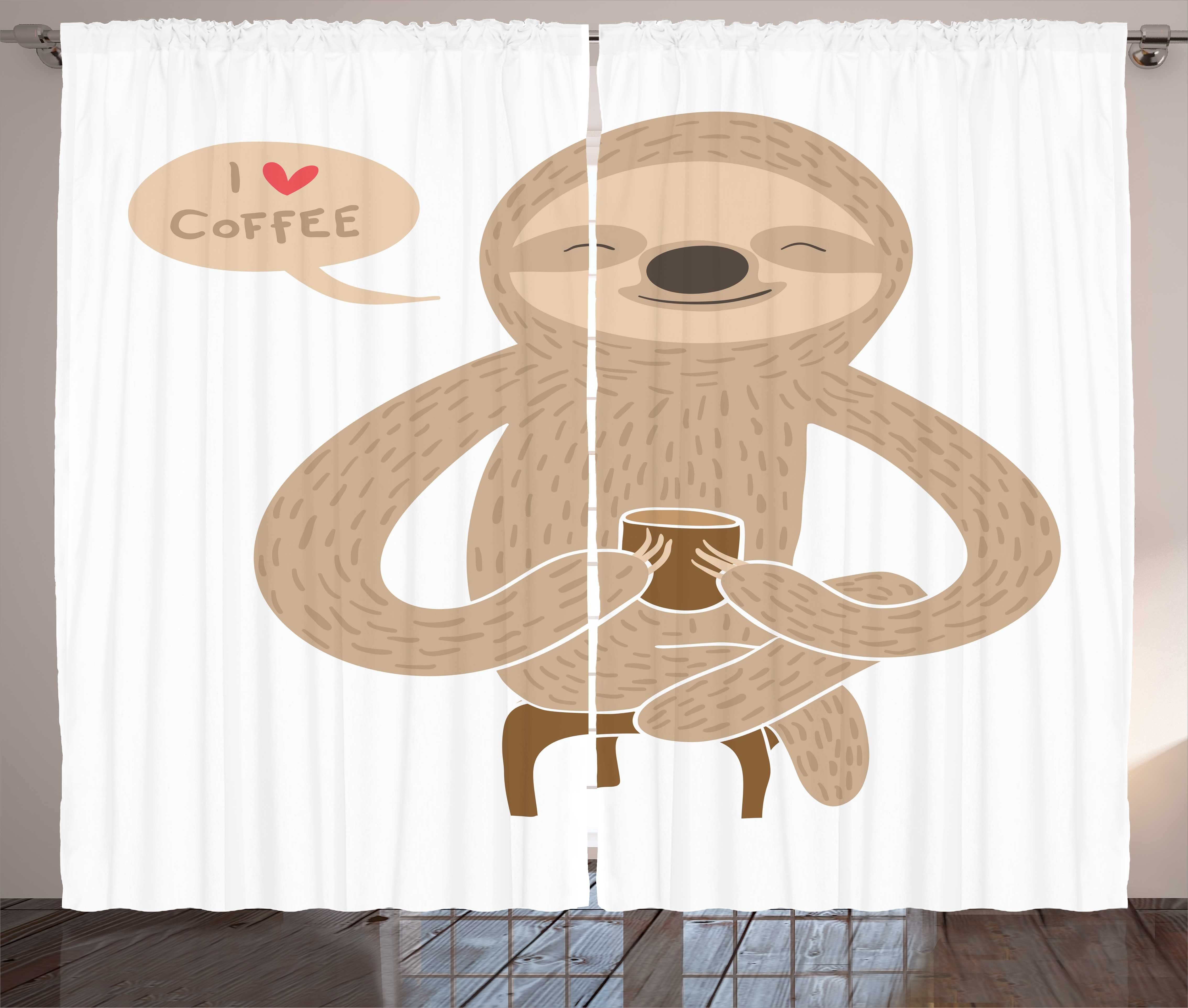 Gardine Schlafzimmer Kräuselband Vorhang mit Schlaufen und Haken, Abakuhaus, Lächeln Kaffee-Liebhaber Sloth mit einem Cup