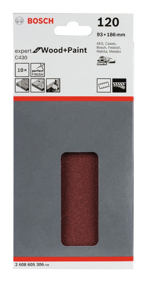 Thumbnail - BOSCH Schleifpapier, (10 Stück), C430 Schleifblatt 8 Löcher K120 - 93 x 186 mm - 10er-Pack