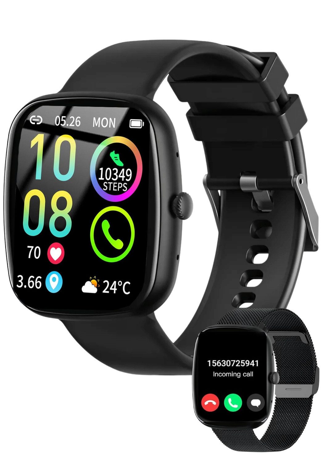 S&T Design Fitness Tracker Uhr mit Anruffunktion für Damen und Herren Smartwatch Smartwatch (4,7 cm/1,9 Zoll) WhatsApp (SMS), inkl. Edelstahl-Armband, Musiksteuerung, Schrittzähler, Blutsauerstoff, Blutdruck, Herzfrequenz, Schlafqualität