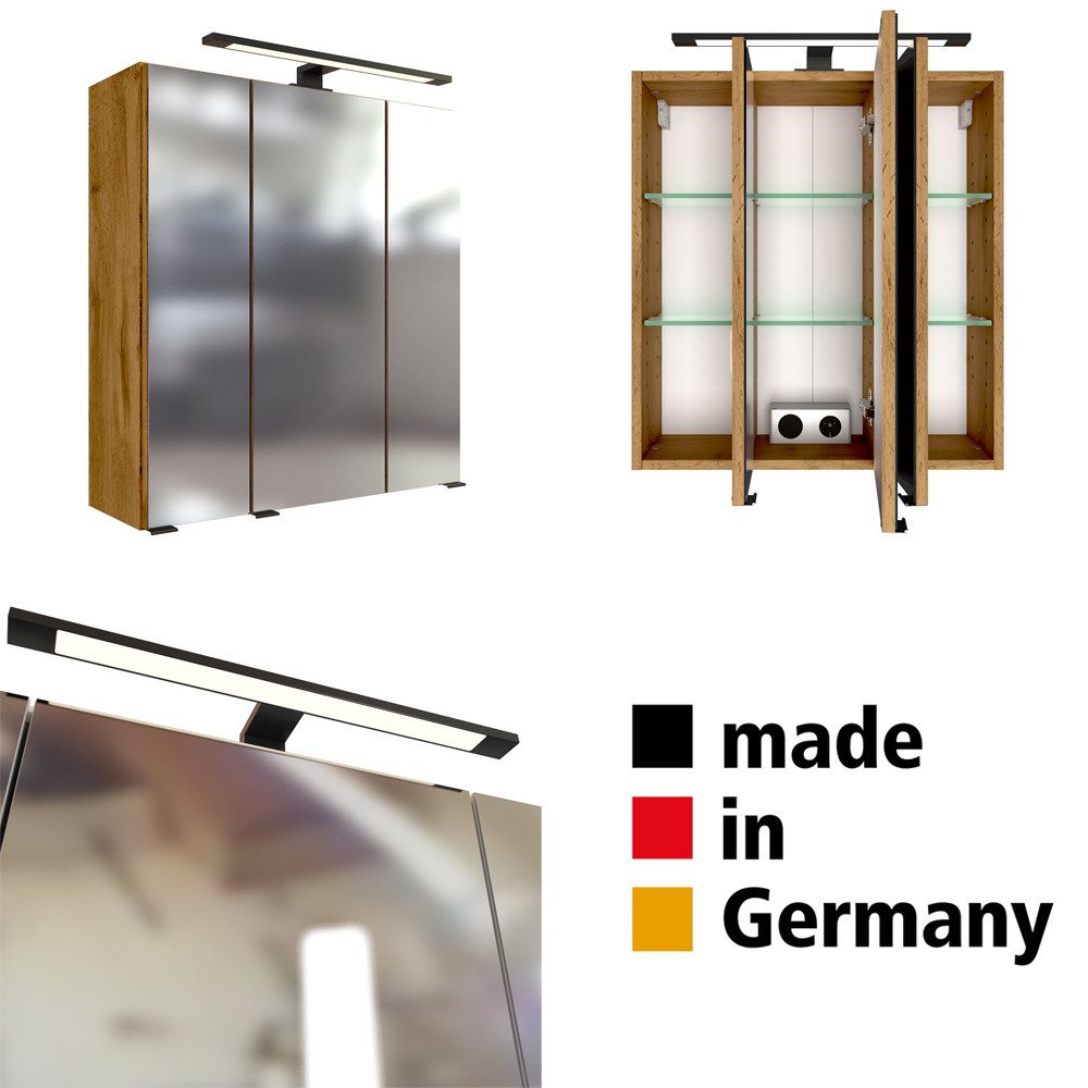 Lomadox Spiegelschrank MORISSON-03 Wotan Eiche Nb.,3-türig mit 3D Effekt 60/64/20 cm