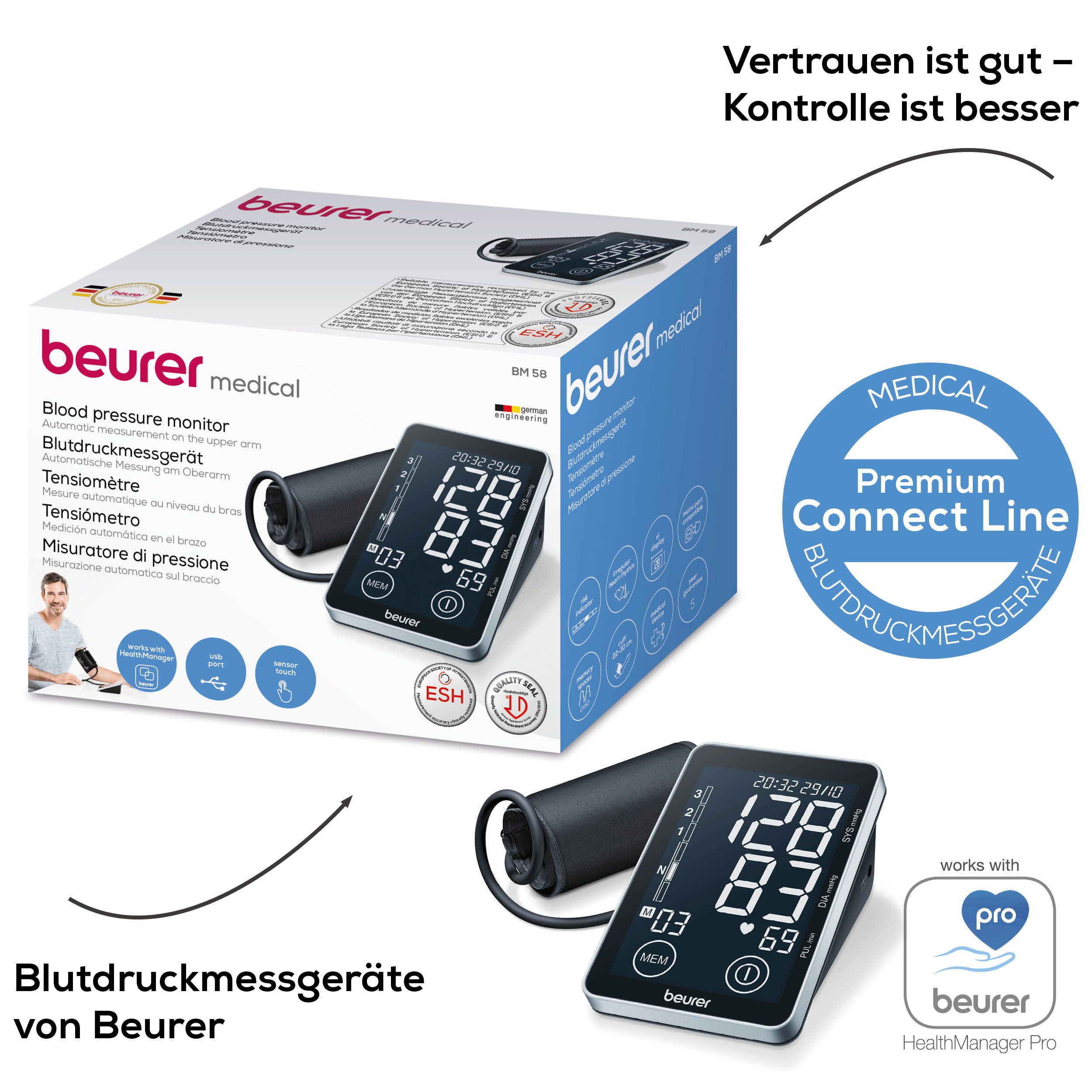 BEURER Oberarm-Blutdruckmessgerät BM 58 mit Arrhythmie-Erkennung und farbigem Risikoindikator, Inkl. Aufbewahrungstasche, Medizinprodukt, 2 Benutzerprofile