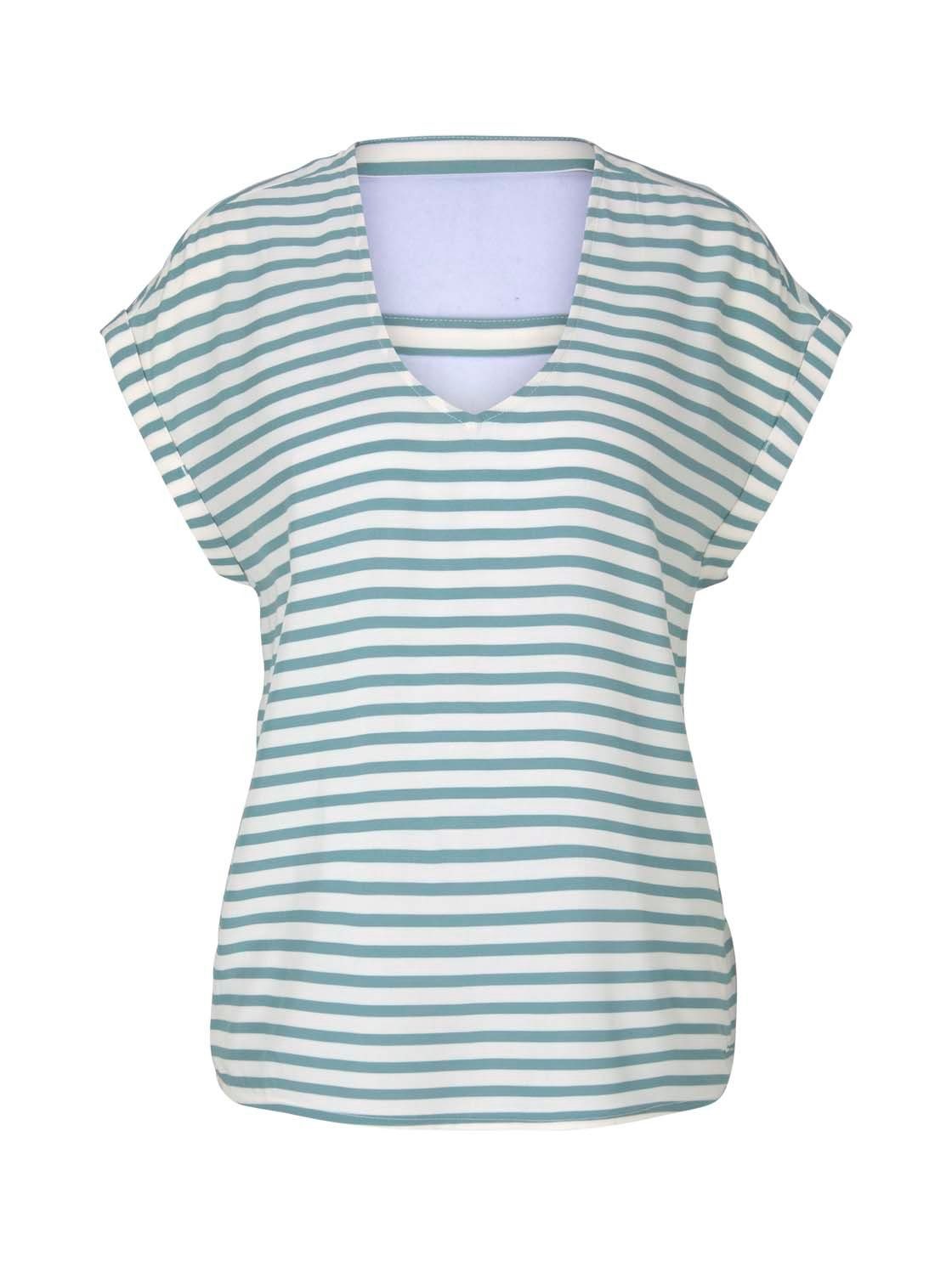 TOM TAILOR Denim T-Shirt Printed V-Neck (1-tlg) mit Rückenausschnitt Mineral blue white stripe (25923)
