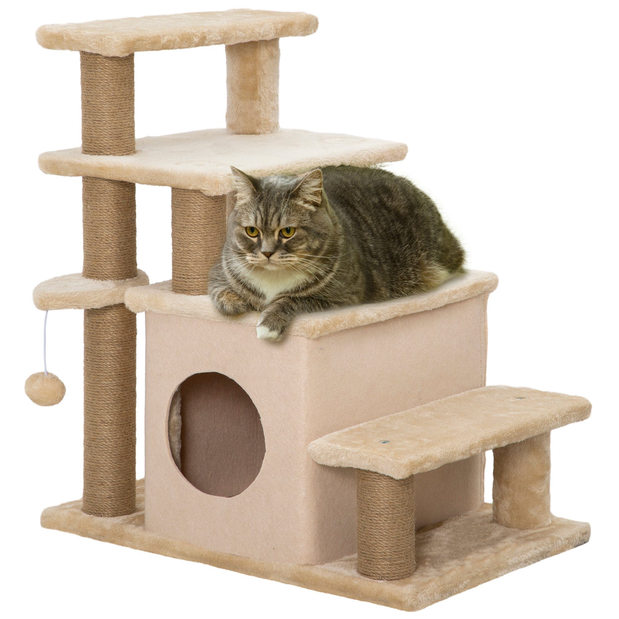 PawHut Haustiertreppe 3/4-stufige höhenverstellbare Hundetreppe (Katzentreppe, 1-St., Hunderampe), Aufstiegshilfe für Katzen bis 5 kg, Beige