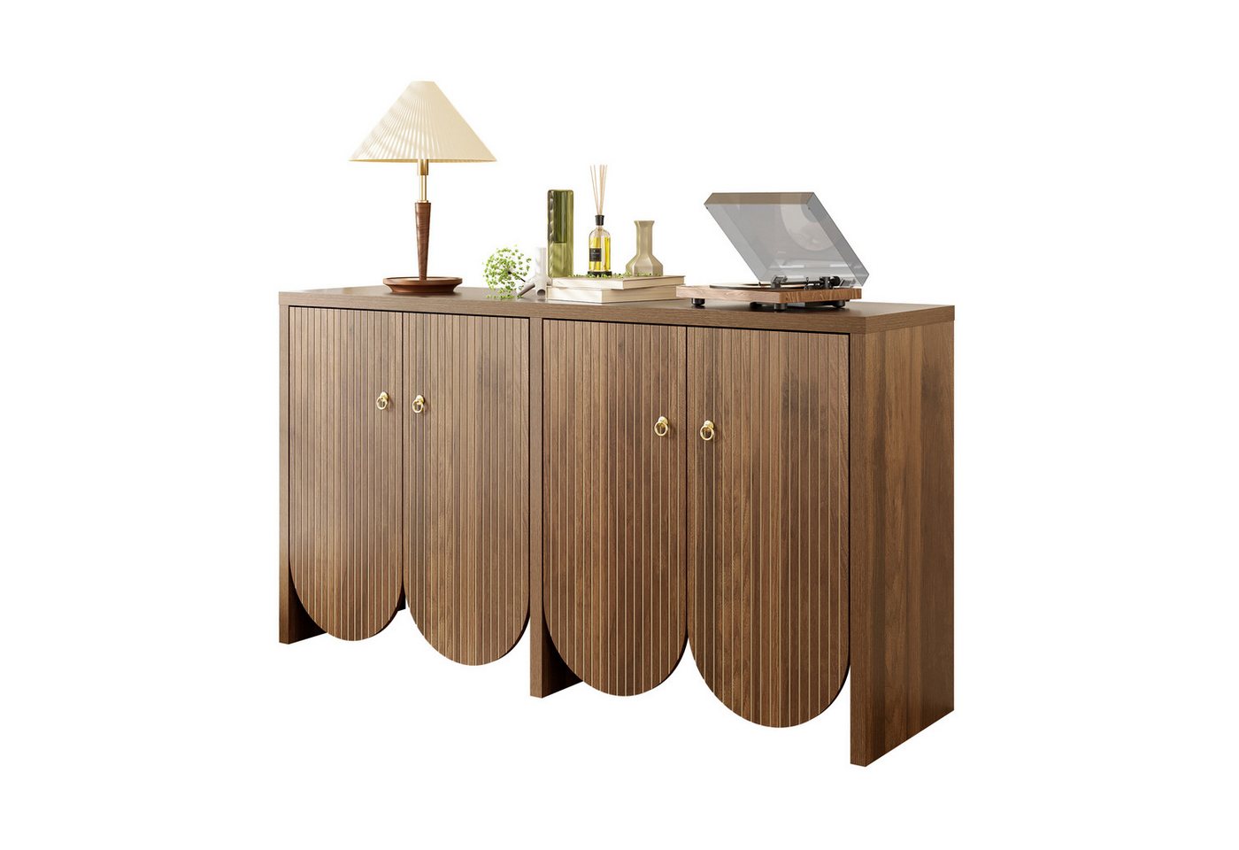 Merax Sideboard in Walnussoptik (Aufbewahrungsschrank Anrichte Buffetschrank, 1 St., Vielseitig & stilvoll für Wohnzimmer, Esszimmer oder Flur), Kommode mit 4 Türen, verstellbaren Einlegeböden & Aluminiumgriffen
