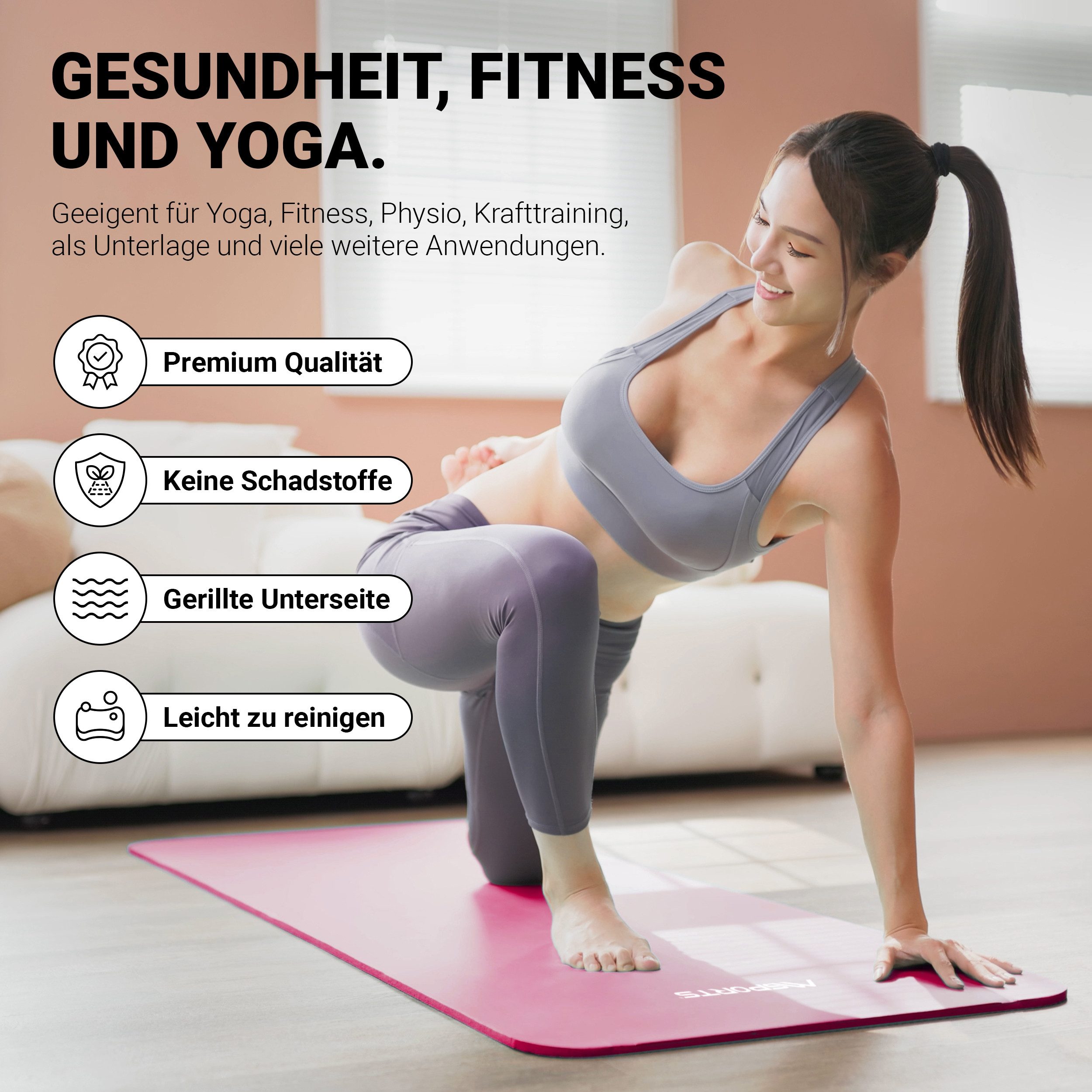 MSports® Gymnastikmatte Yogamatte inkl. Tragegurt + Poster + Workout App