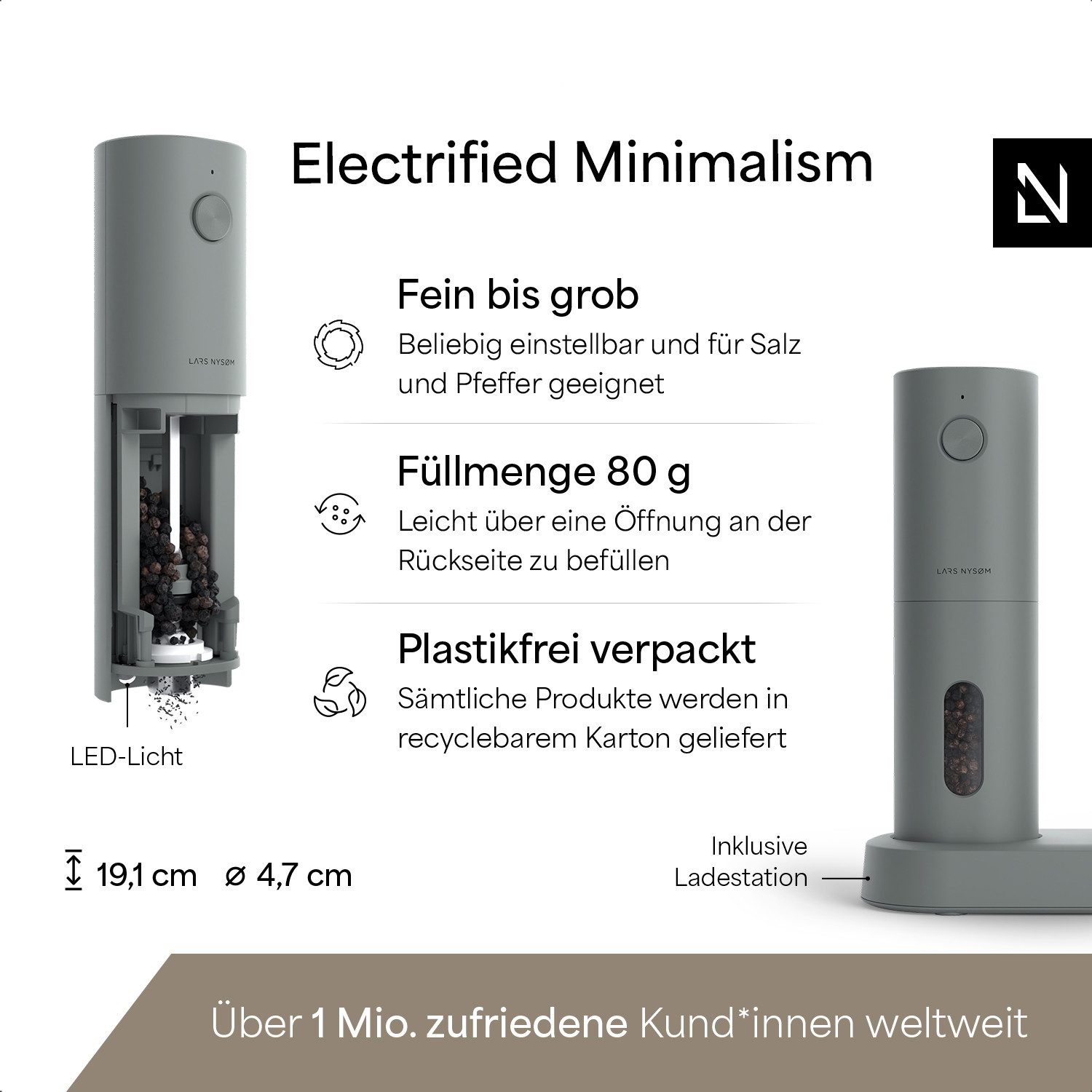 LARS NYSØM Gewürzmühle Spænding praktische Einhandbedienung per Drucktaste, (2 Stück), elektrische Salz- & Pfeffermühle mit eingebautem LED-Licht – Bild 4 von 5