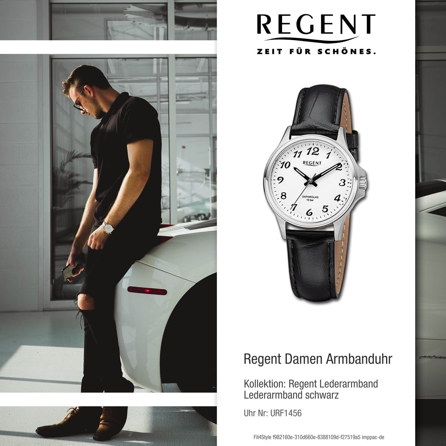 Damenuhr Regent (ca. 32mm) Gehäuse, Regent schwarz, Analog, groß Lederarmband rundes Damen Quarzuhr Armbanduhr extra