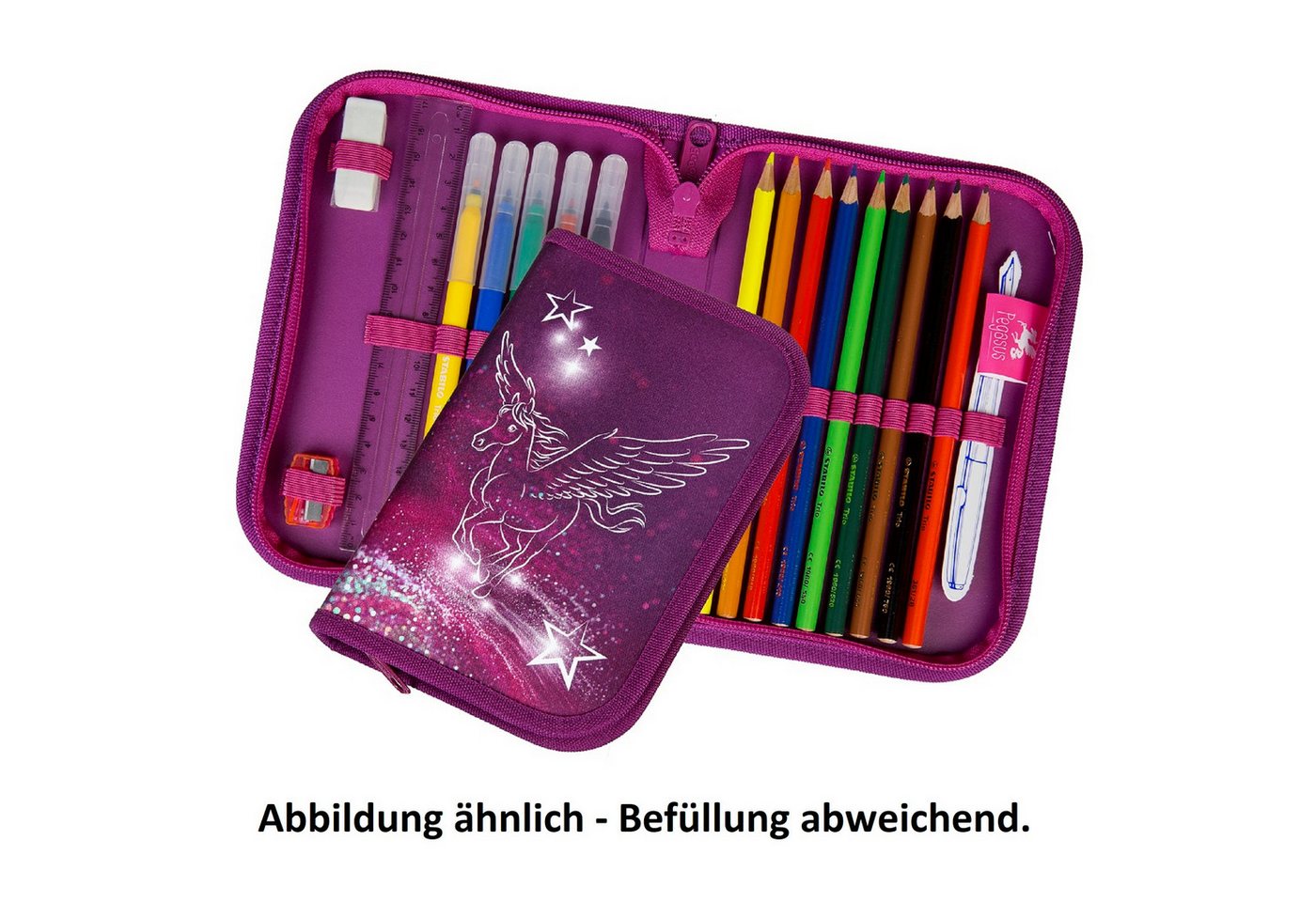 Thumbnail - Familando Federmäppchen (befüllt) für Mädchen mit Pferde Motiv Pegasus, (4-teiliges Set), Federmappe gefüllt mit Stiften...