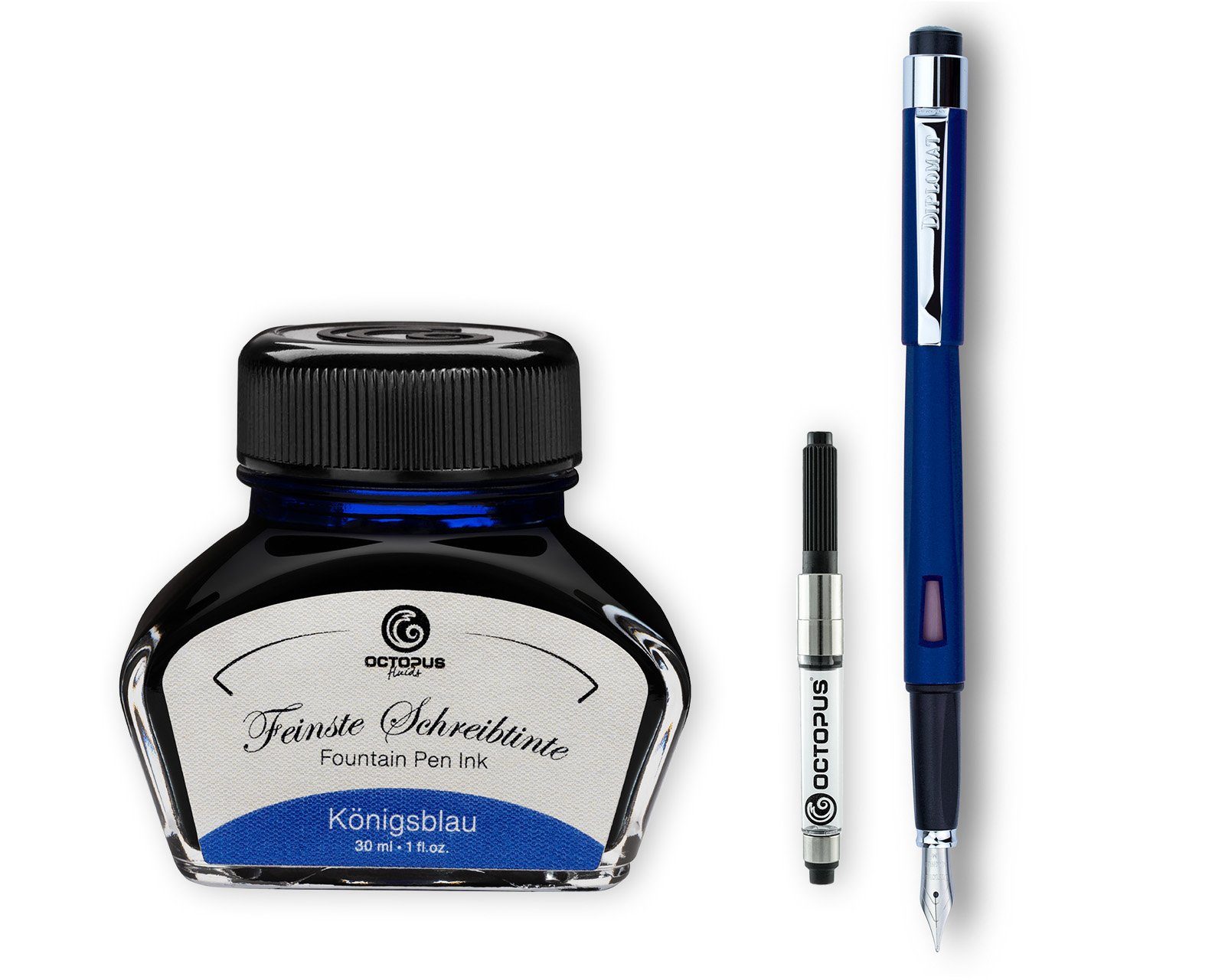 DIPLOMAT Füllhalter Diplomat Magnum Indigo Blau mit Schreibtinte Tintenkonverter Stärke M, (Spar-Set mit Tintenkonverter und Schreibtinte Königsblau von Octopus Fluids), MADE IN GERMANY