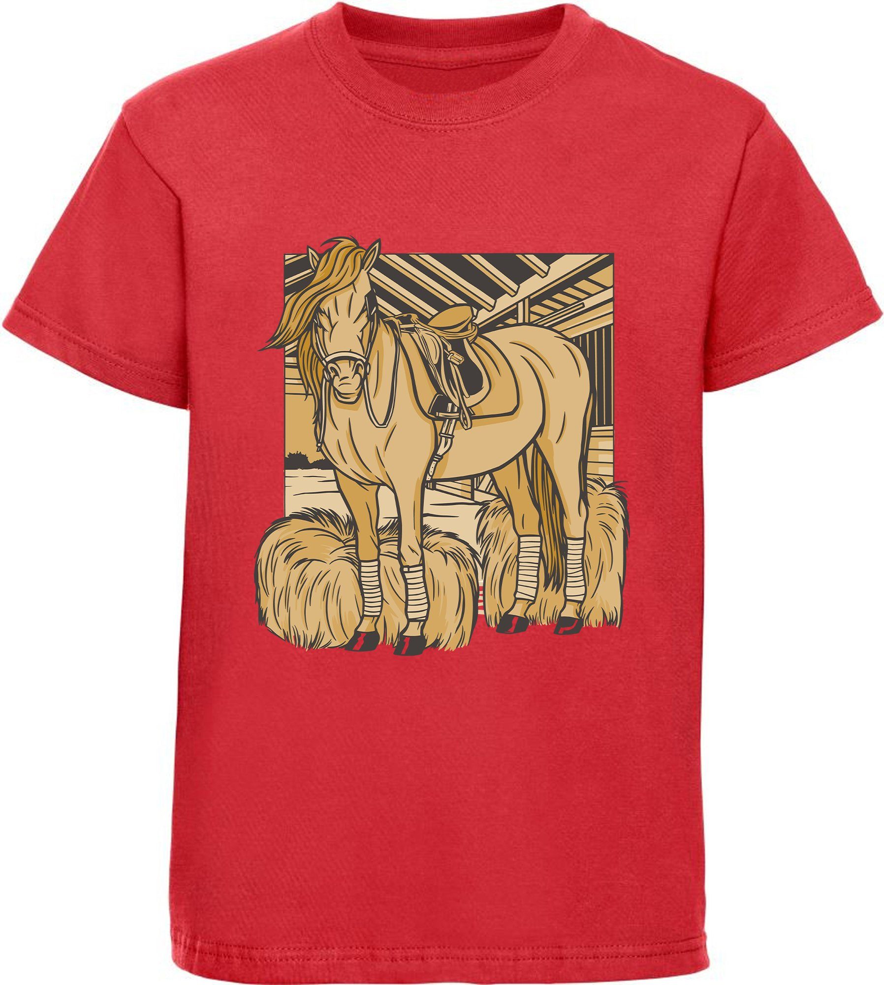 MyDesign24 Print-Shirt bedrucktes Mädchen T-Shirt ein Pferd im Stall Baumwollshirt mit Aufdruck, i147 rot