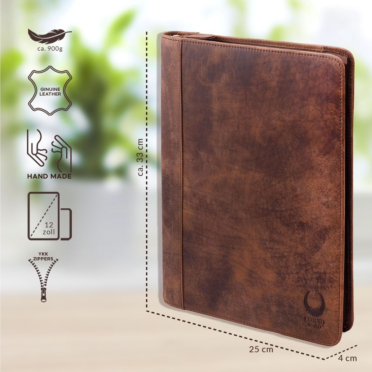 Corno d´Oro Aktenmappe für bis 12 Zoll Tablet iPad Handmade Schreibmappe A4 Leder Braun, Konferenzmappe mit Reißverschluss, RFID Schutz, im Geschenkbox