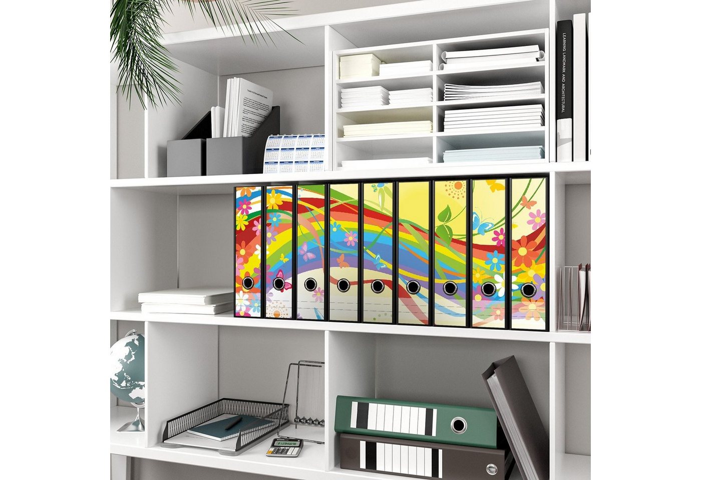 Thumbnail - Wallario Etiketten Regenbogen im Sommer - Bienchen und Blümchen, Ordnerrücken-Sticker in verschiedenen Ausführungen