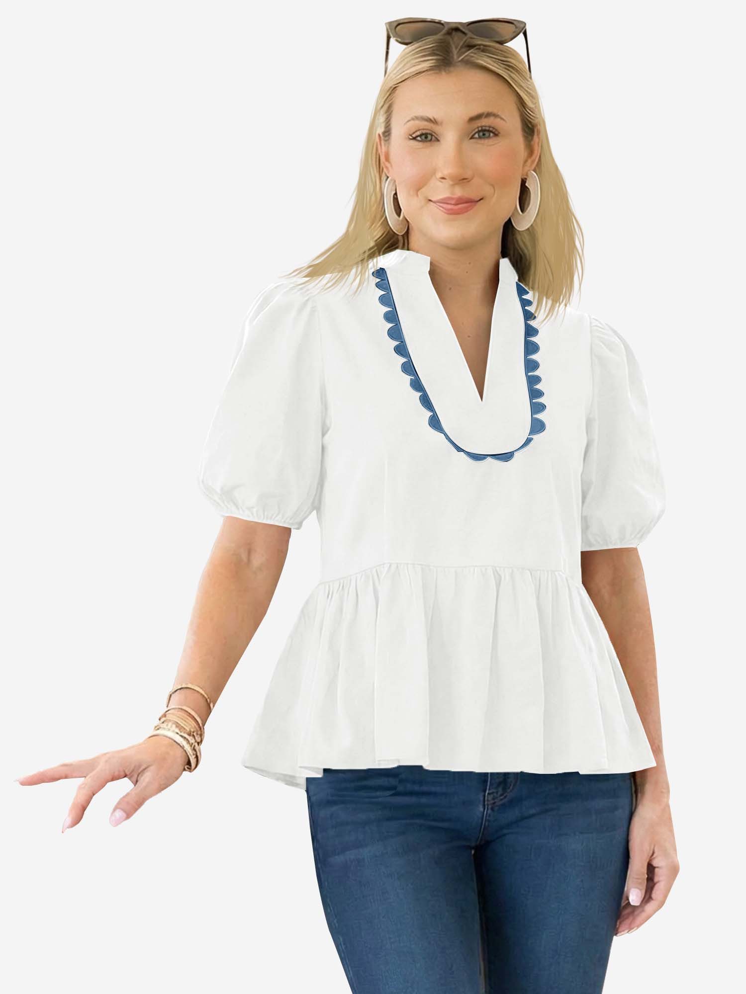 Imily Bela Blusenshirt Damen mit Puffärmeln V-Ausschnitt Rüschen Babydoll Loose (Packung, 1-tlg., 1per-Pack) aus Baumwolle