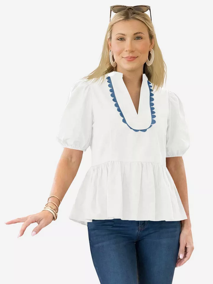 Imily Bela Blusenshirt Damen mit Puffärmeln V-Ausschnitt Rüschen Babydoll Loose (Packung, 1-tlg., 1per-Pack) aus Baumwolle