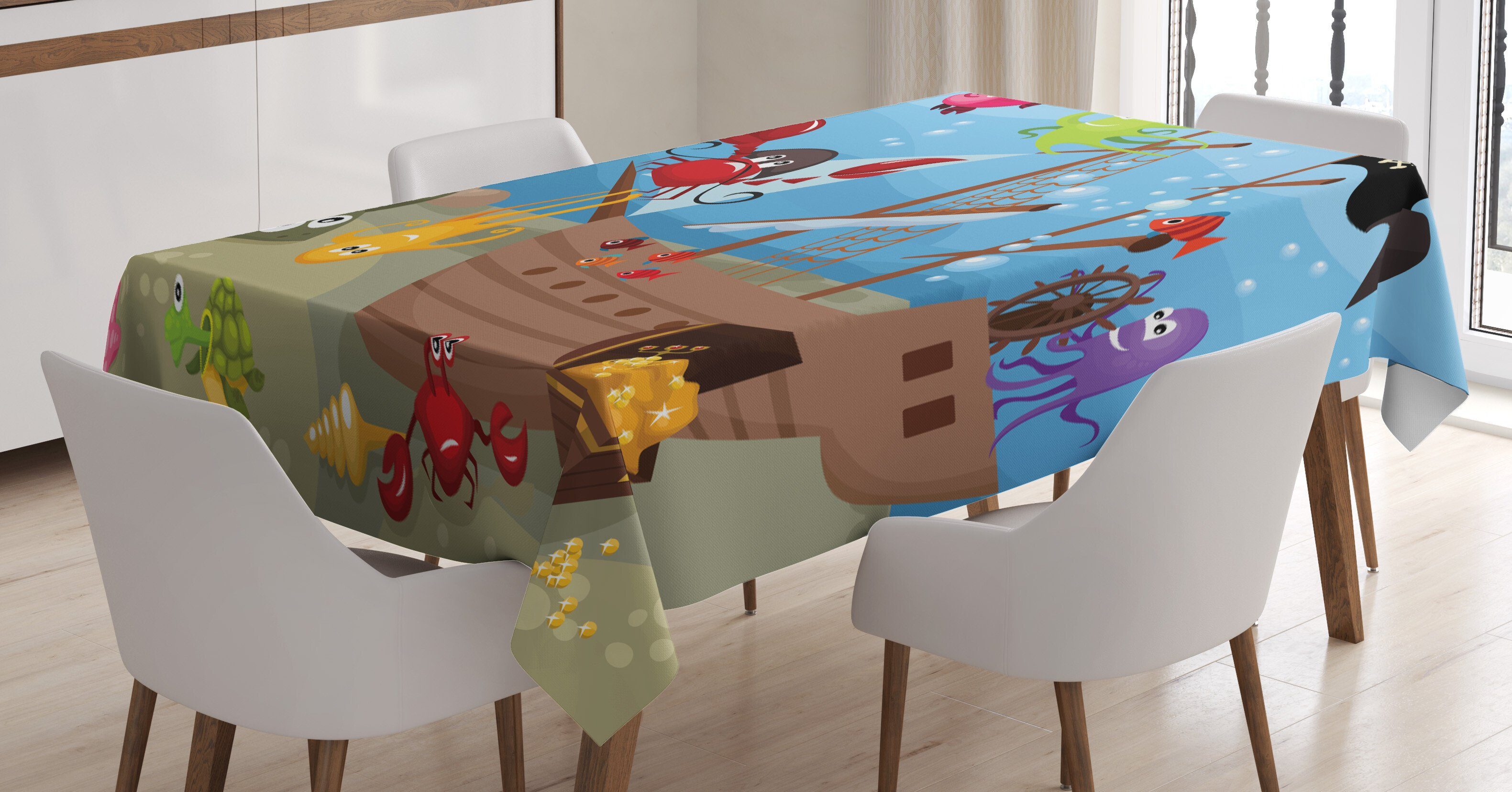Abakuhaus Tischdecke Farbfest Waschbar Für den Außen Bereich geeignet Klare Farben, Pirat Schiff Unterwassertiere