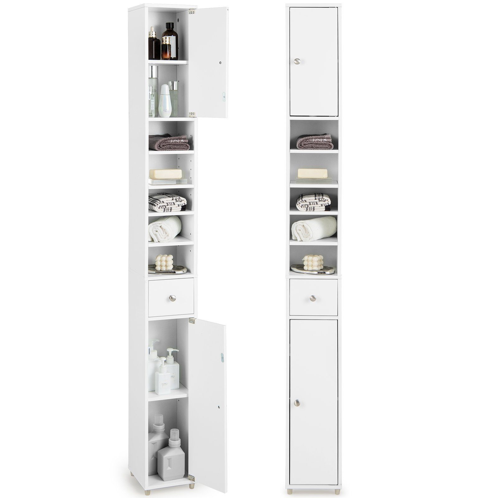 COSTWAY Hochschrank Schmal, weiß Fächern, Schublade, Türen 2 mit & 180cm Bad