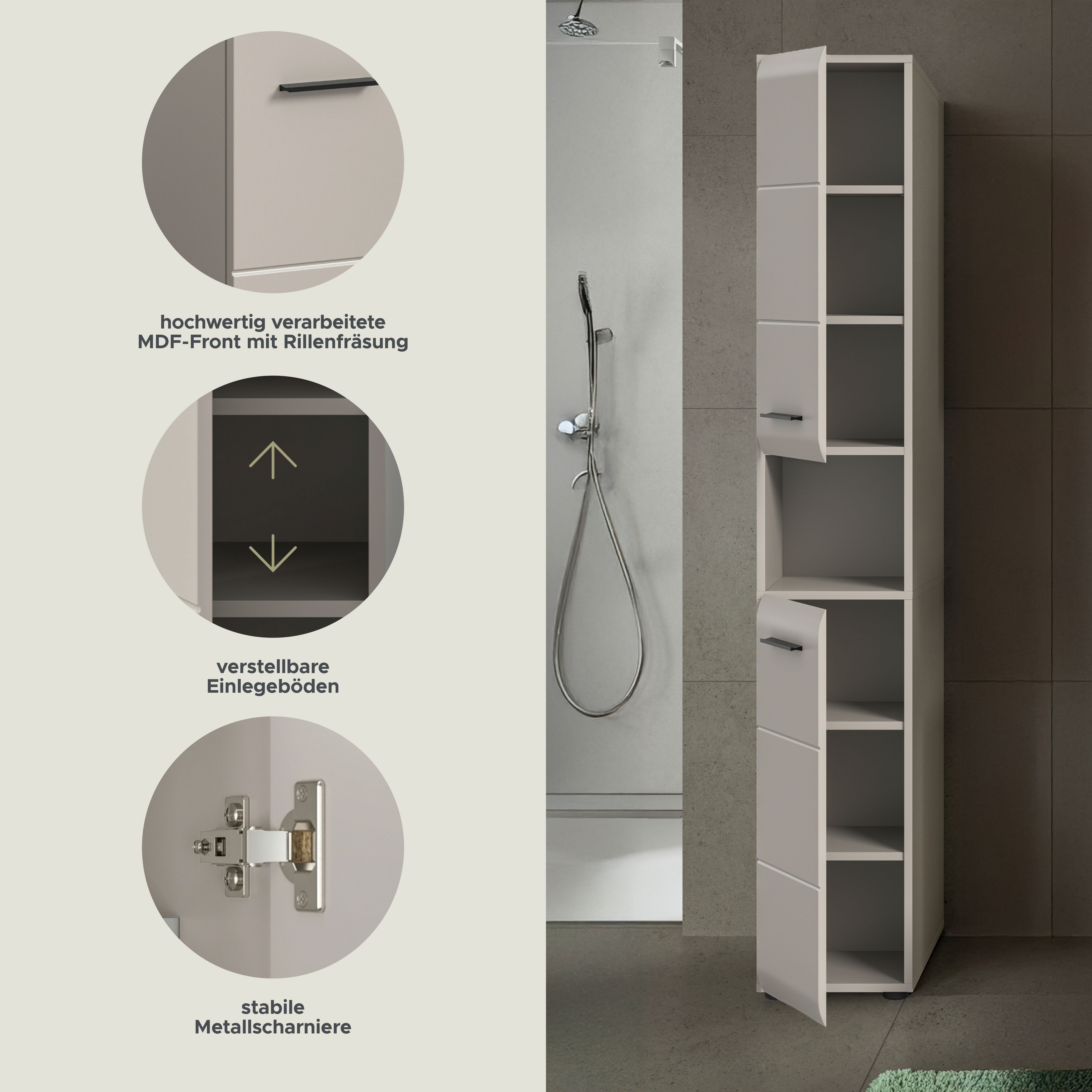welltime Stauraumschrank FLORENZ, Höhe 185cm, 2 Türen, 7 Fächer, 4 Einlegeböden (1-St., TOPSELLER) Florenz, Badschrank Hoch, Kaschmir, 185 cm Höhe