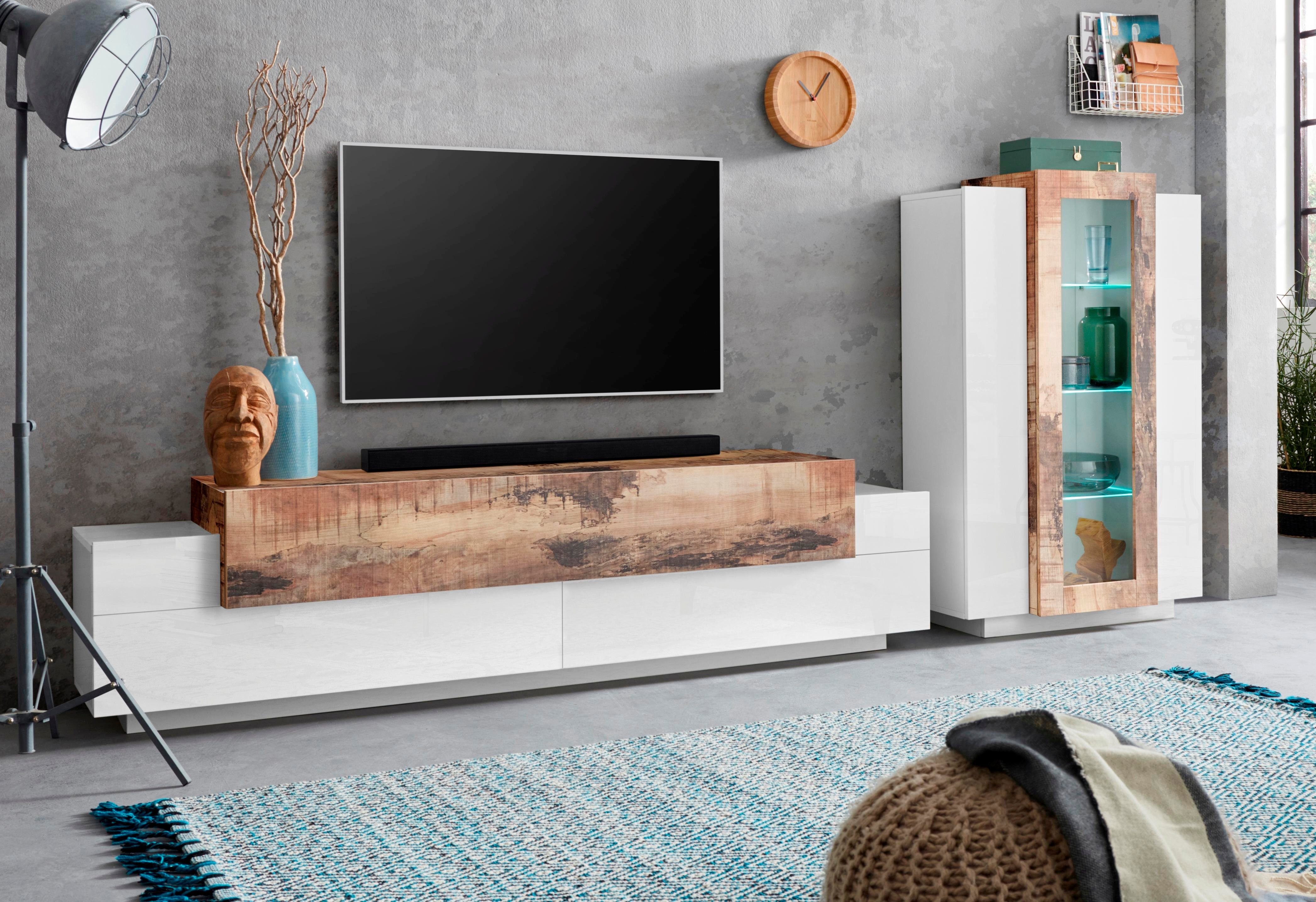 INOSIGN Wohnwand Coro, Anbauwand, Medienwand, (Set, 2-St), Lowboard 4 Fächer, Breite 200cm und Vitrine 3 Türen, Breite 80cm