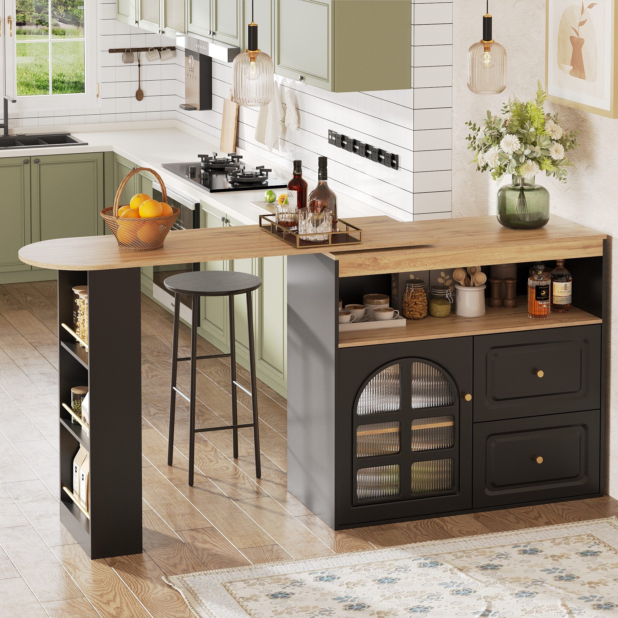 BBWL Anrichte 360° drehbare Essbar Schwarz mit Bogenglastür, 2 Schubladen (Snackregal und offenem Ablagefach, modernes Sideboard aus MDF für Wohnzimmer, Schlafzimmer, Esszimmer)