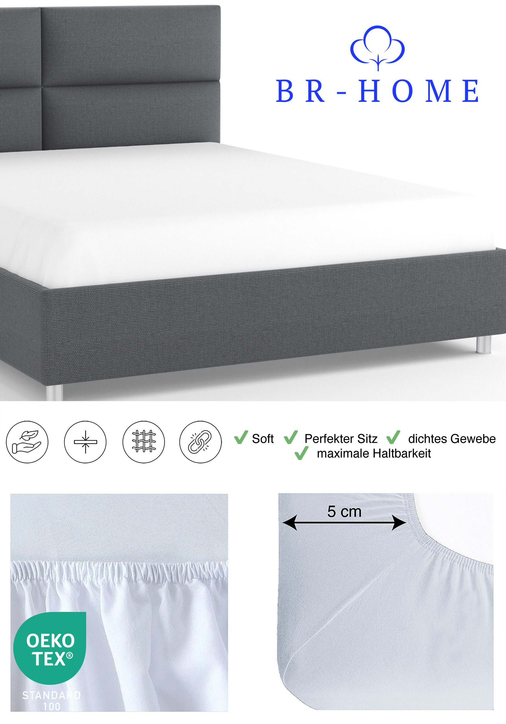 BR-Home Spannbettlaken bis zu 25cm, 100% Baumwolle Jersey Bettlaken, Spannbetttuch 145 g/m², Gummizug: rundum, (1 Stück), Rundumgummi, Atmungsaktiv – Bild 5 von 5