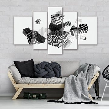Wallarena Leinwandbild Geometrie Abstrakt 3D Optik Wohnzimmer Schlafzimmer Wandbild Modern, Schwarz-weiß (Set 5 teilig, 5 St), Wandbilder Leinwandbilder Leinwand Bilder Bild Groß Aufhängefertig