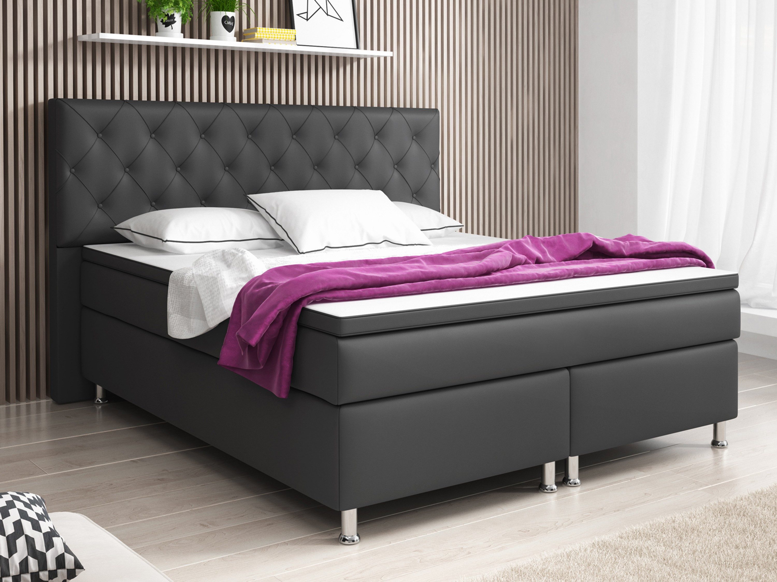 inter Boxspringbett Turin mit 7 Zonen Taschenfederkernmatratzen und Topper (180x200 cm, Anthrazit inkl. 7 Zonen Taschenfederkernmatratzen und Topper), Taschenfederkern-Komfort, gepolstertes Kopfteil, inklusive Matratzen